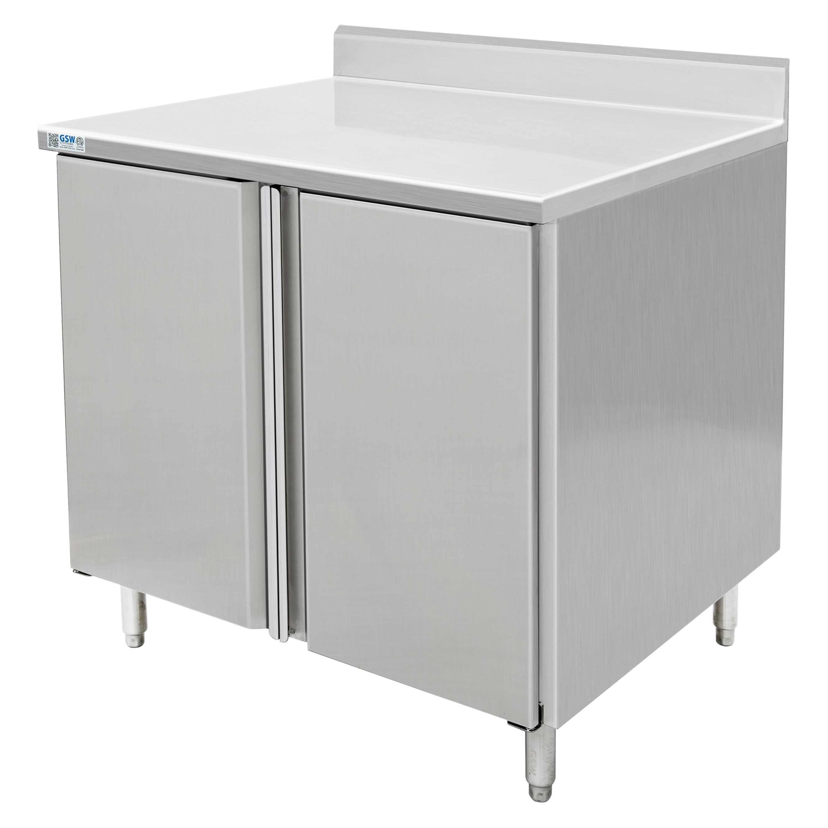 GSW 48" x 30" Stainless Steel Enclosed Work Table Cabinet - Hinged Doors, 4in Rear Upturn