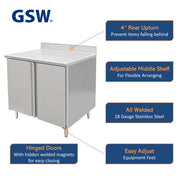 GSW 48" x 30" Stainless Steel Enclosed Work Table Cabinet - Hinged Doors, 4in Rear Upturn