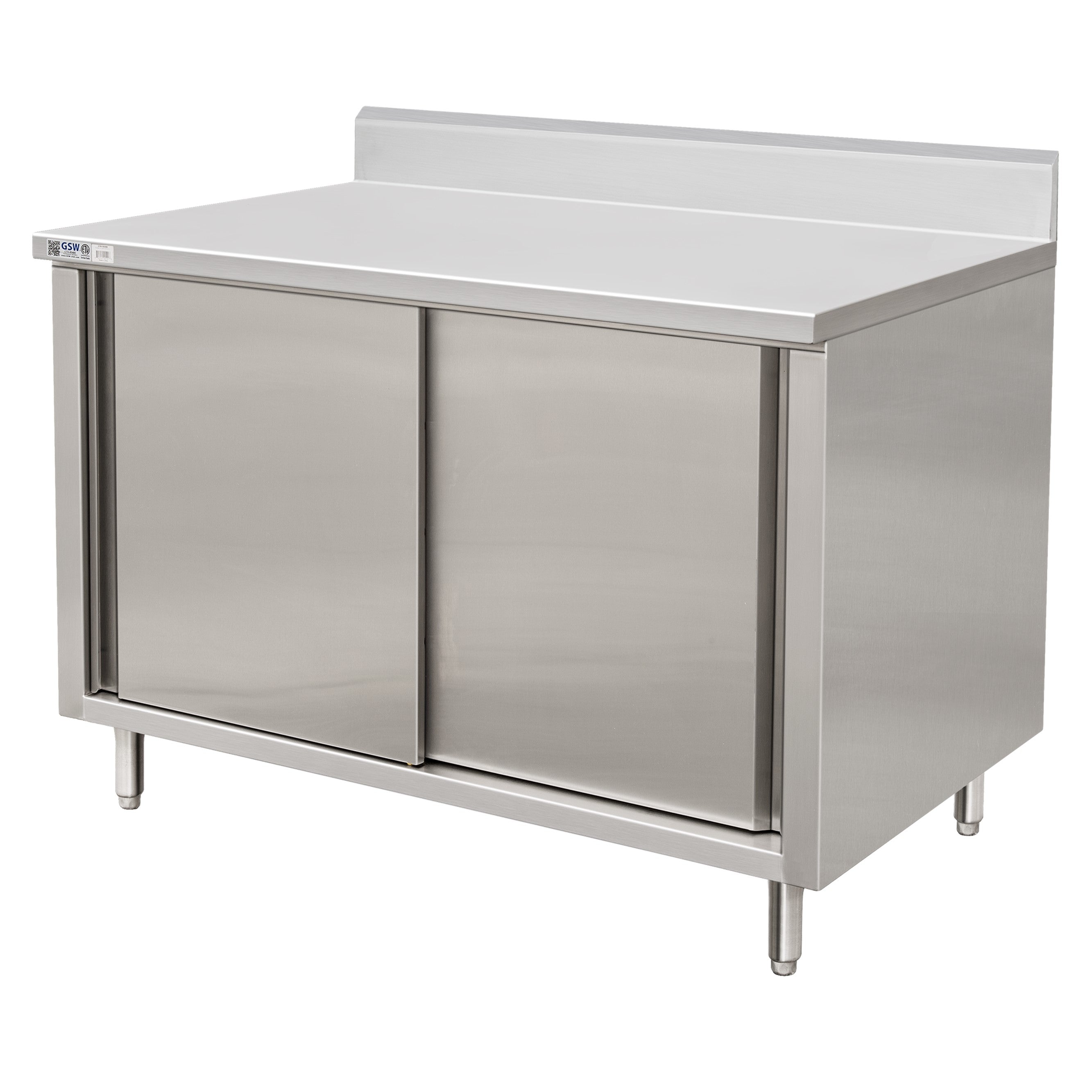 GSW 48" x 24" Stainless Steel Enclosed Work Table Cabinet - Sliding Doors, 4in Rear Upturn