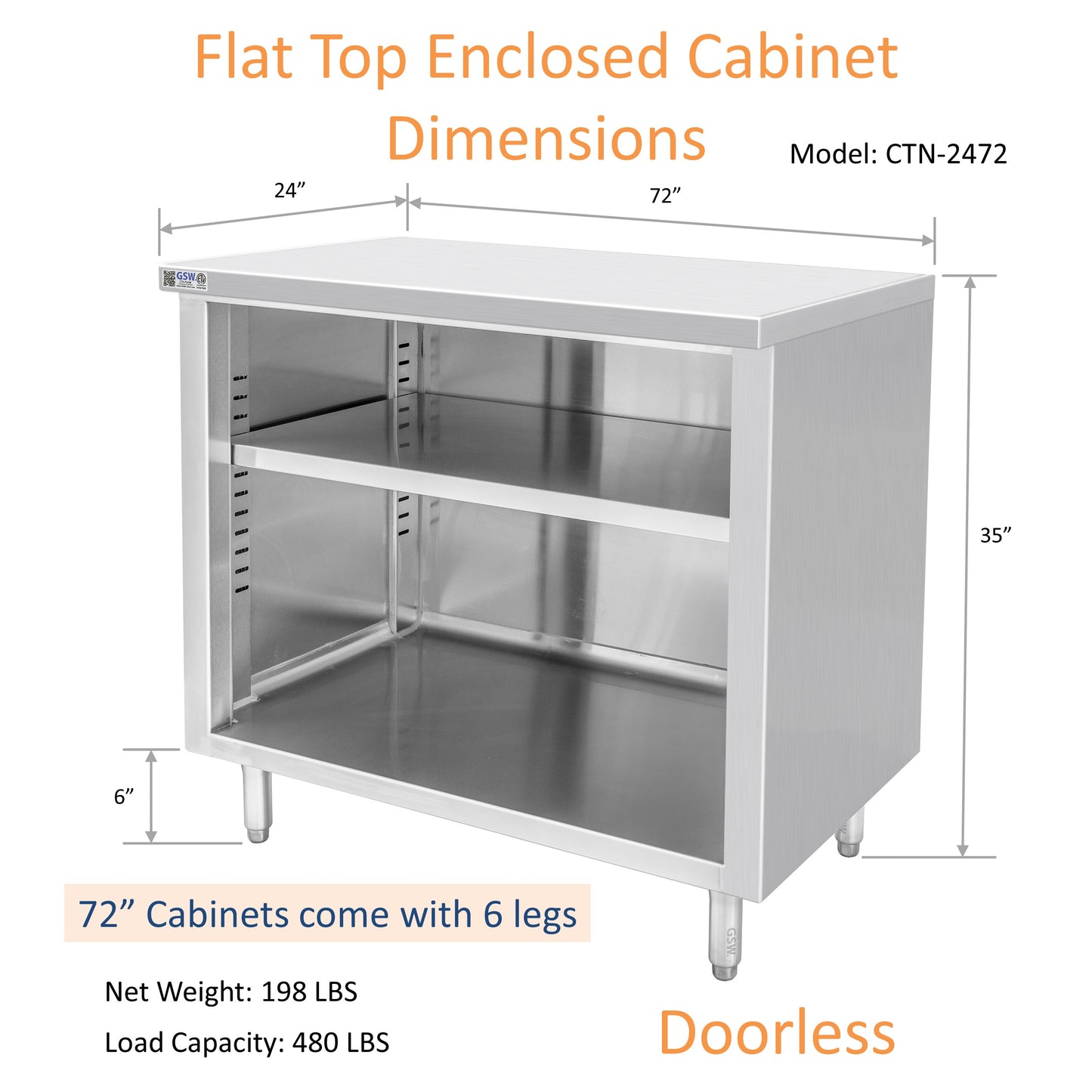 GSW 72" x 24" Flat Top All Stainless Steel Enclosed Work Table Cabinet - Open Front