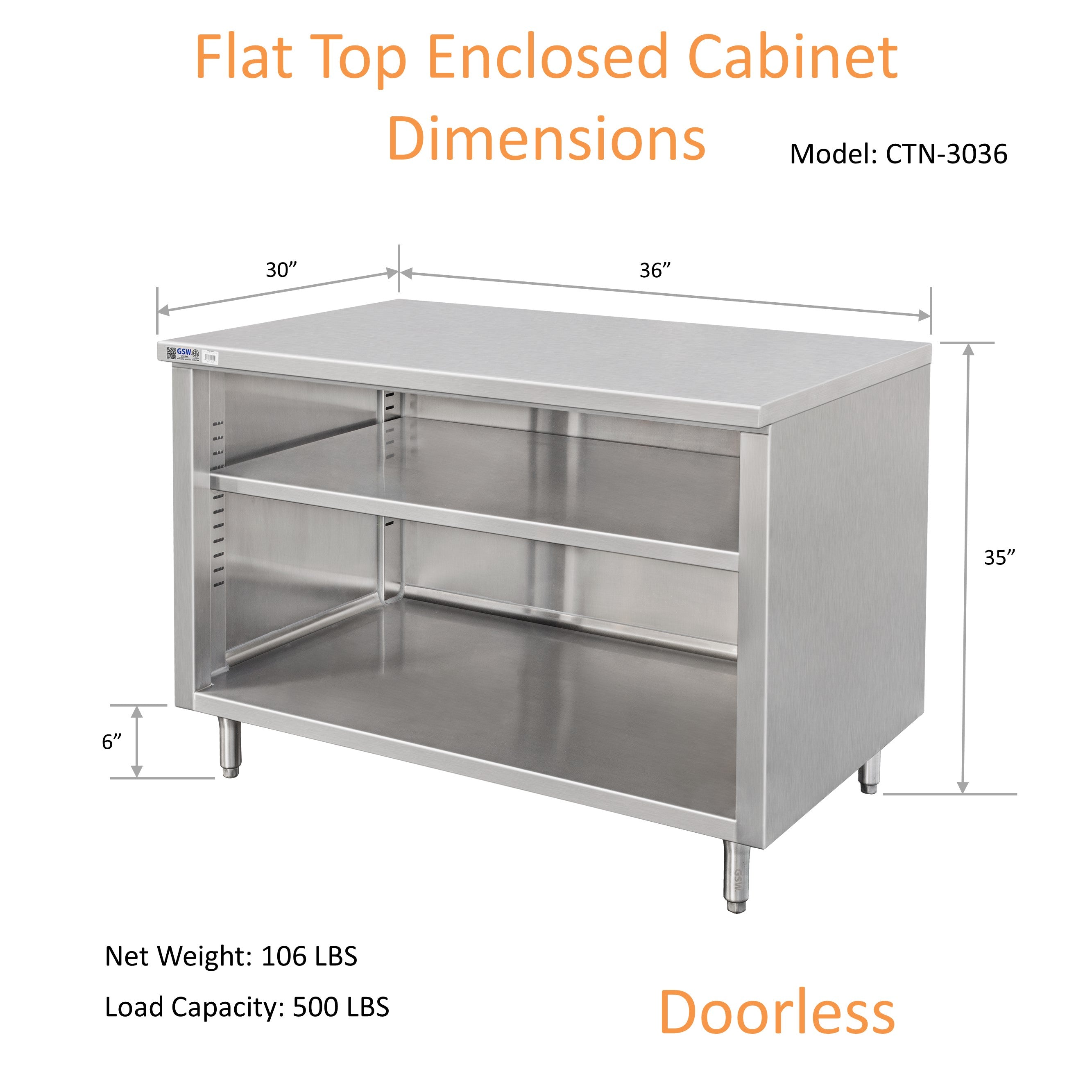 GSW 36" x 30" Flat Top All Stainless Steel Enclosed Work Table Cabinet - Open Front