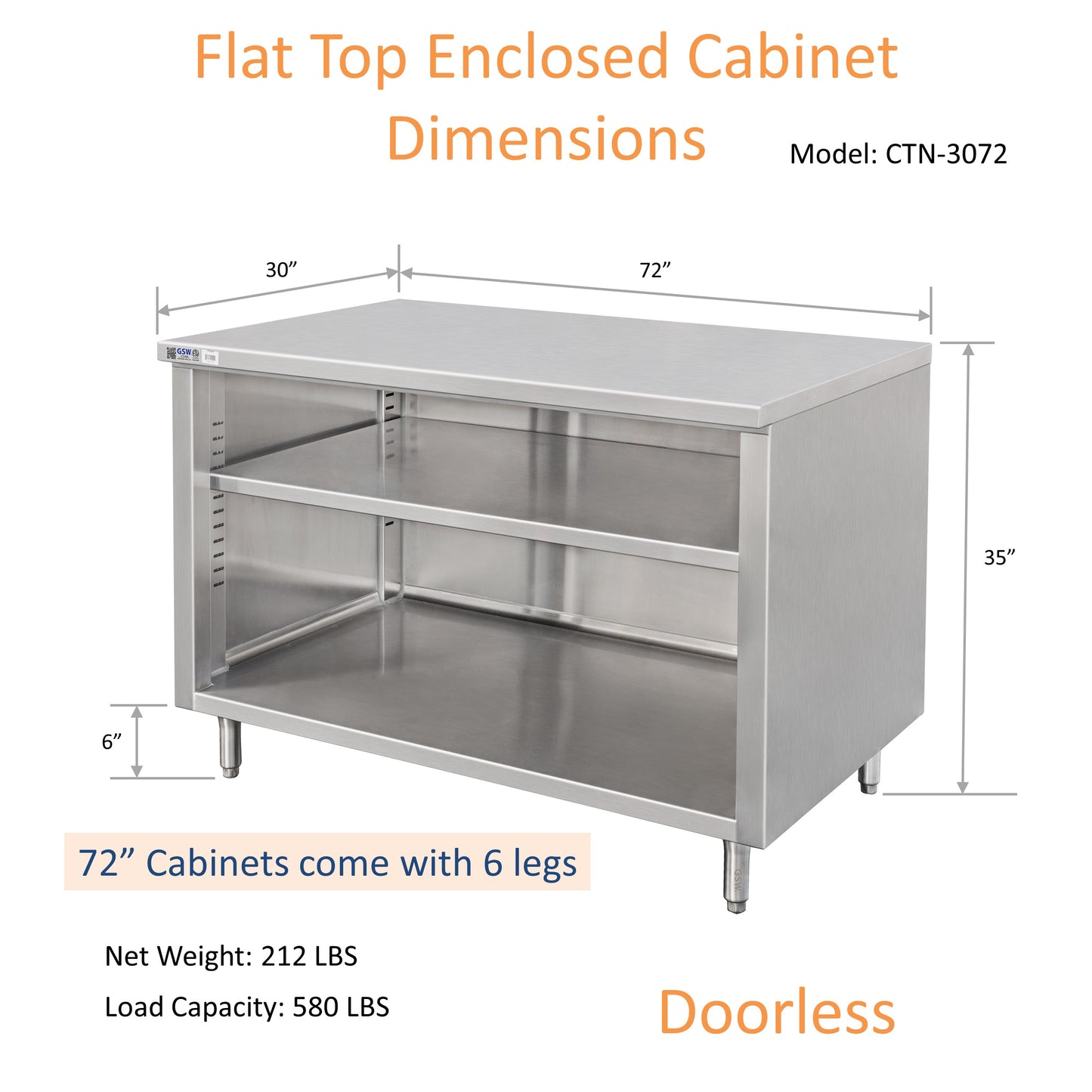 GSW 72" x 30" Flat Top All Stainless Steel Enclosed Work Table Cabinet - Open Front