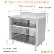 GSW 48" x 24" Stainless Steel Enclosed Work Table Cabinet - Open Front, 4in Rear Upturn
