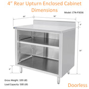GSW 36" x 30" Stainless Steel Enclosed Work Table Cabinet - Open Front, 4in Rear Upturn