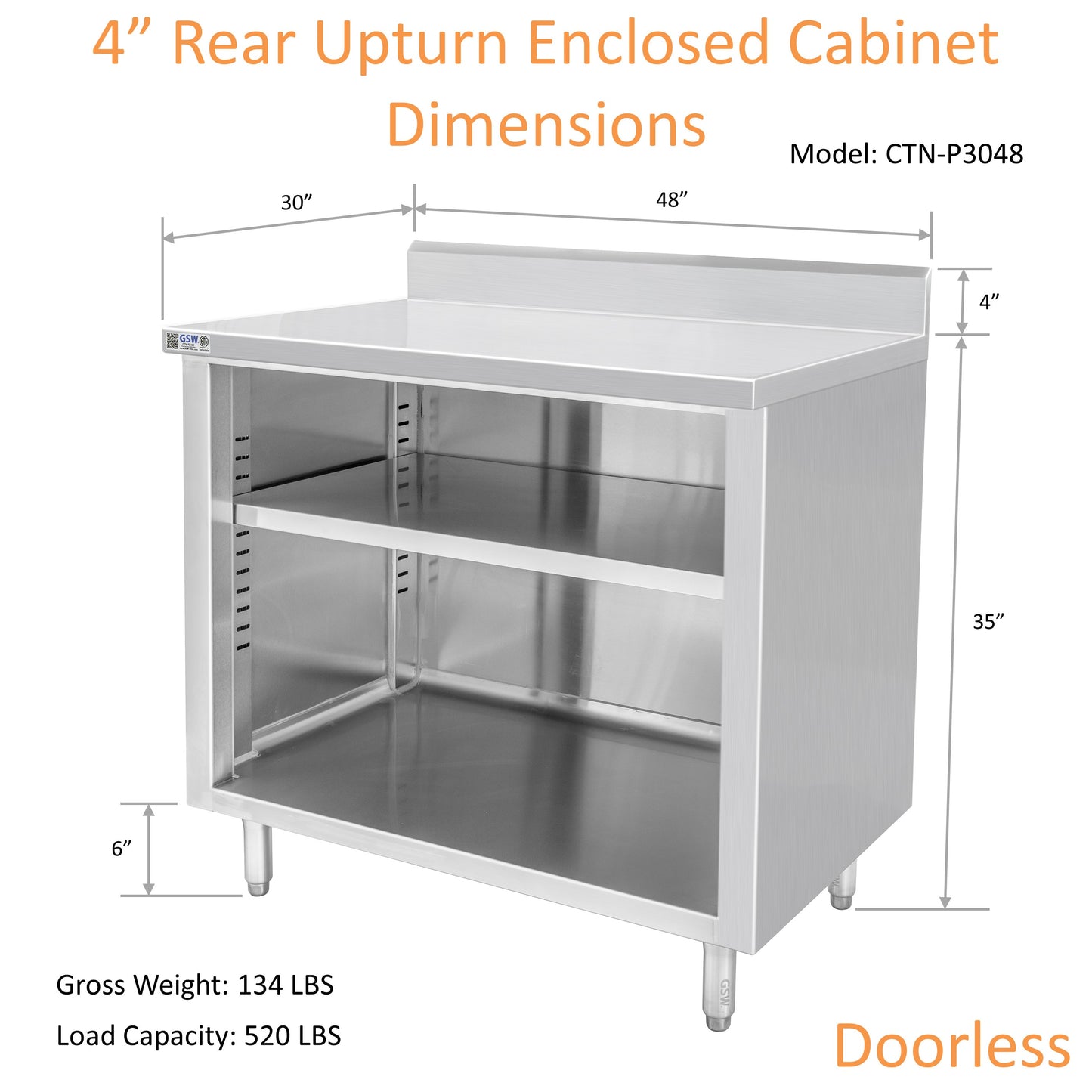 GSW 48" x 30" Stainless Steel Enclosed Work Table Cabinet - Open Front, 4in Rear Upturn