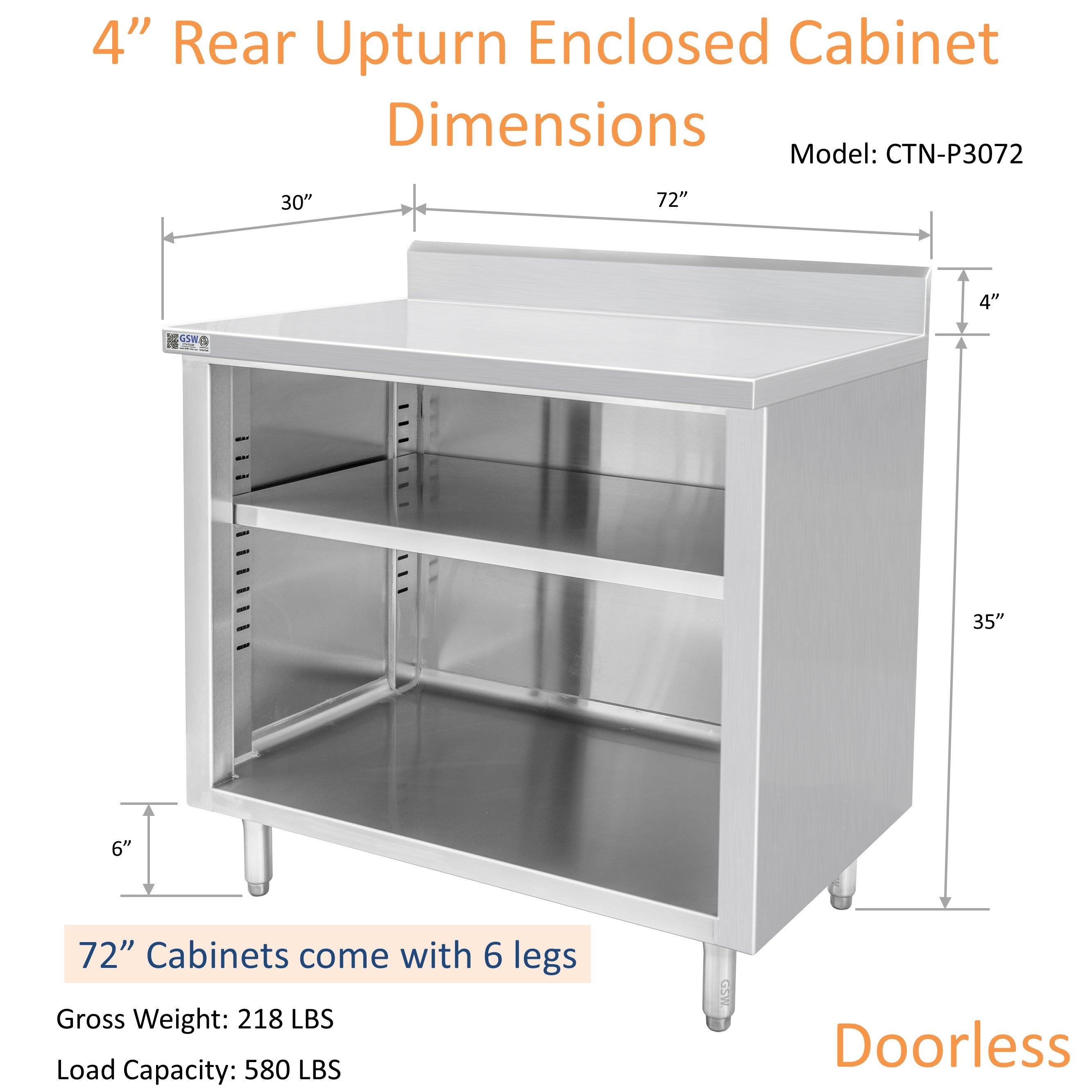 GSW 72" x 30" Stainless Steel Enclosed Work Table Cabinet - Open Front, 4in Rear Upturn