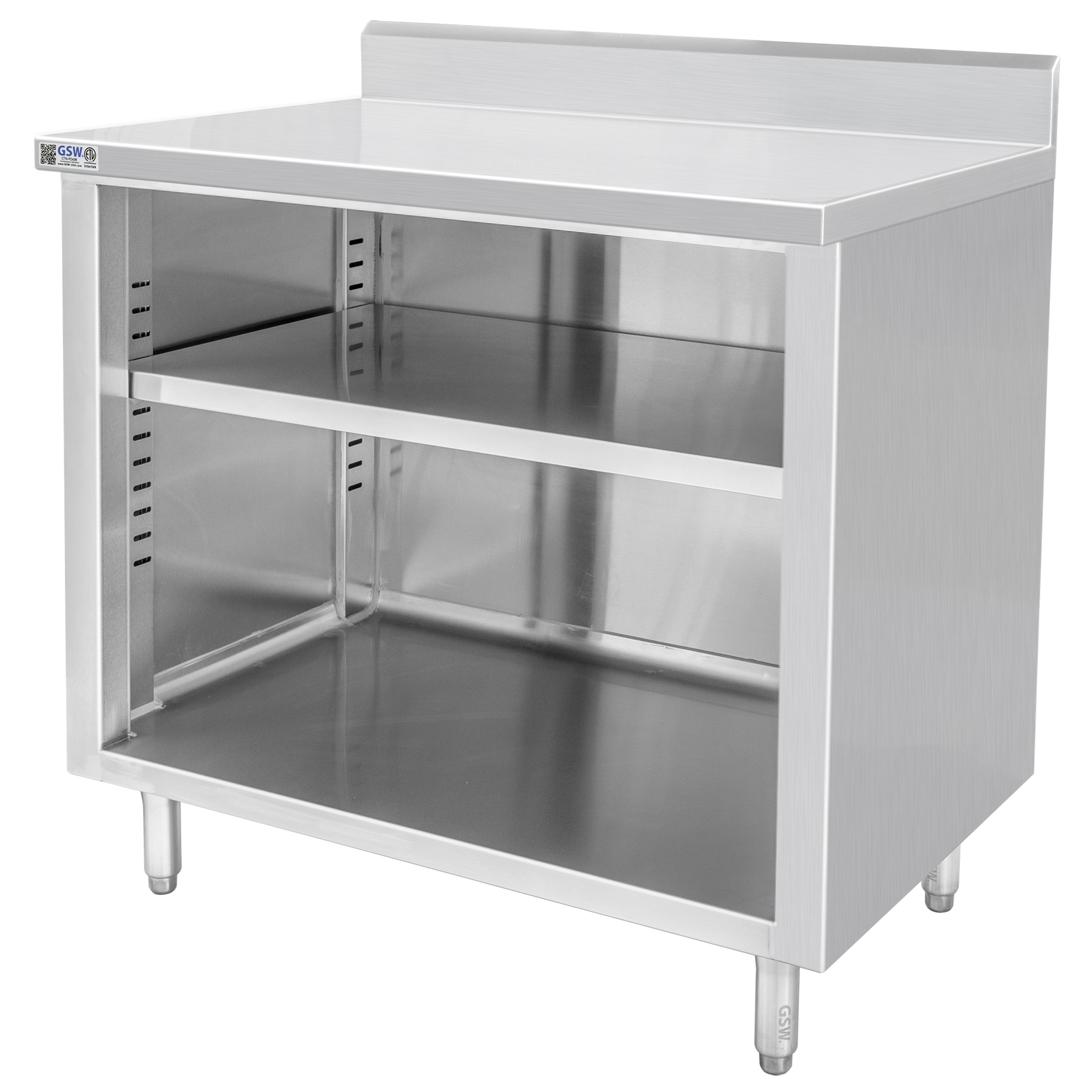 GSW 72" x 24" Stainless Steel Enclosed Work Table Cabinet - Open Front, 4in Rear Upturn
