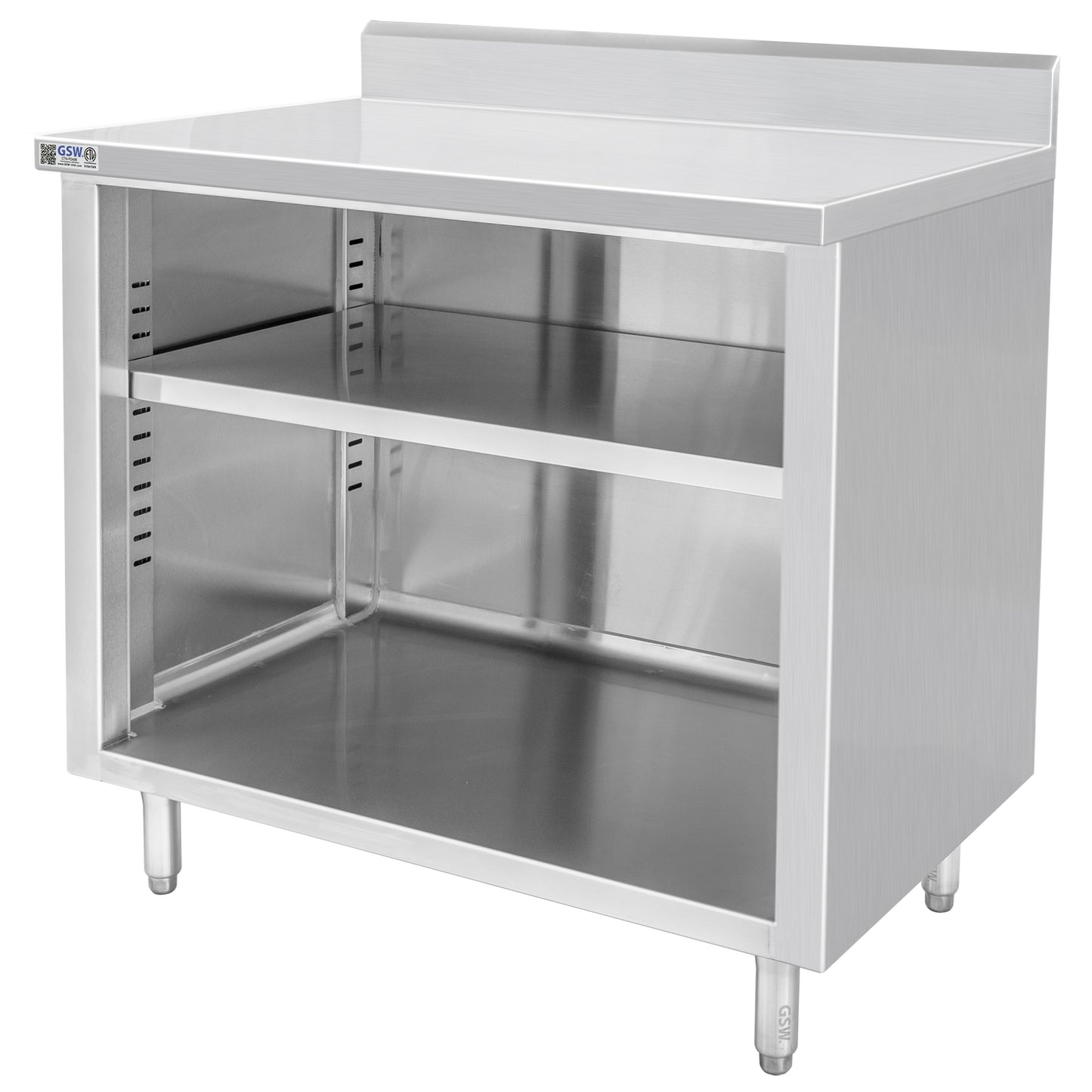 GSW 48" x 24" Stainless Steel Enclosed Work Table Cabinet - Open Front, 4in Rear Upturn