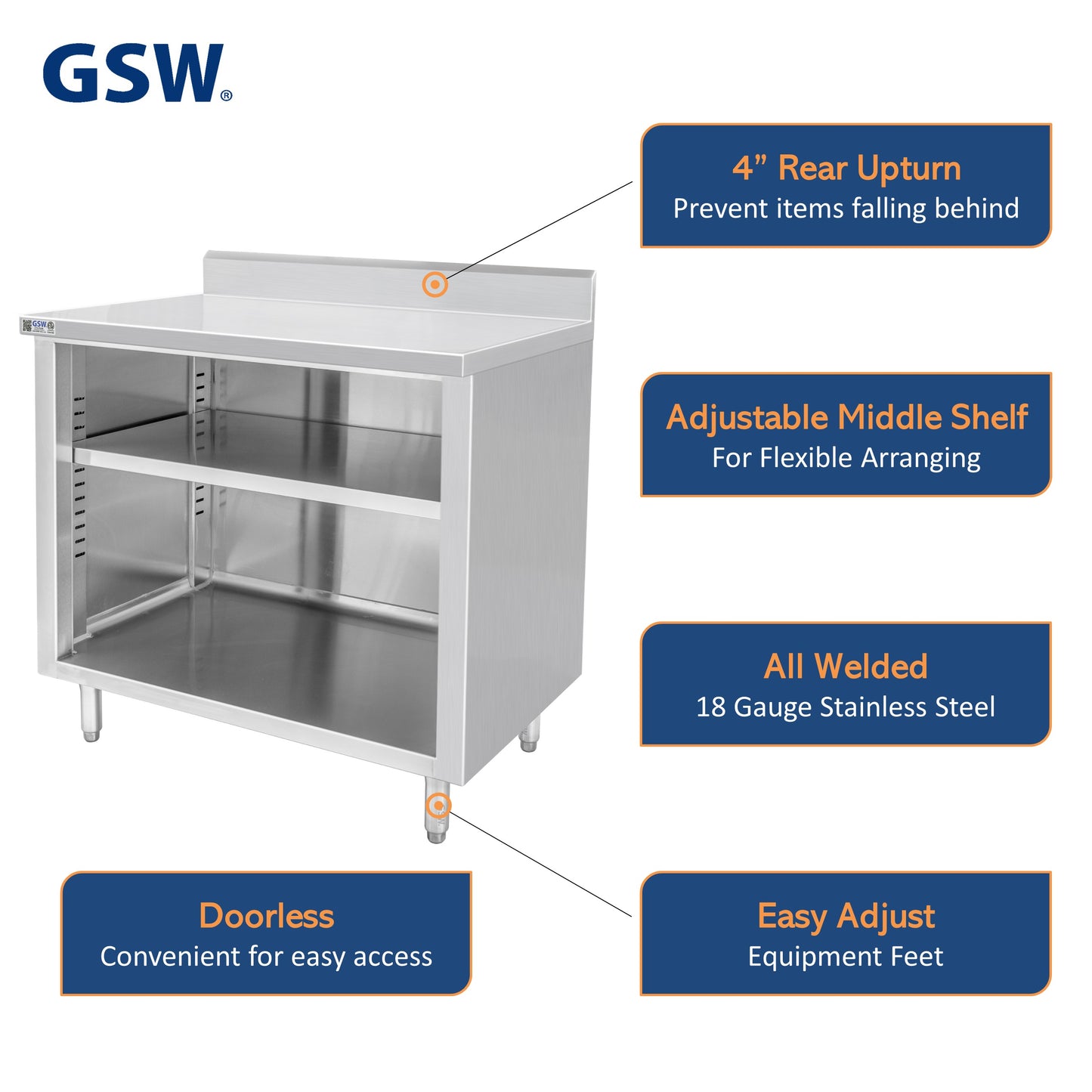 GSW 48" x 24" Stainless Steel Enclosed Work Table Cabinet - Open Front, 4in Rear Upturn