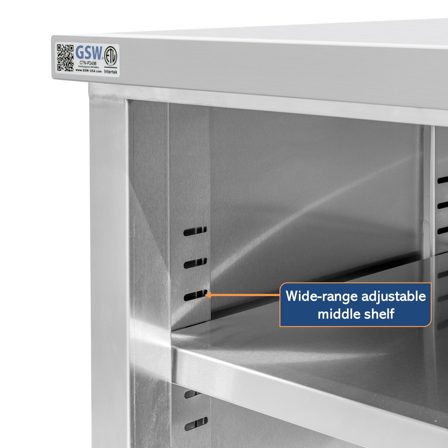 GSW 48" x 24" Stainless Steel Enclosed Work Table Cabinet - Open Front, 4in Rear Upturn
