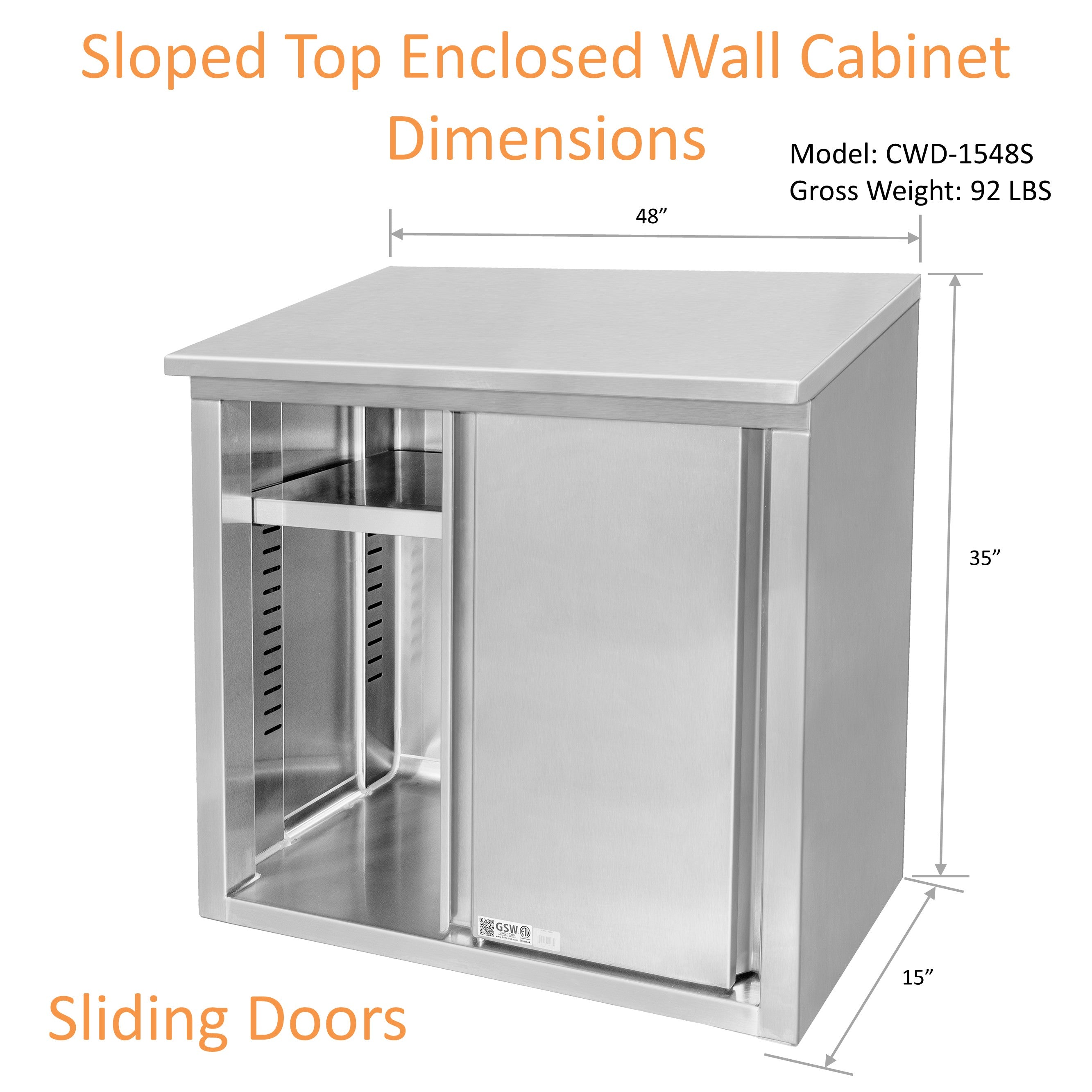 GSW 48" x 15" Stainless Steel Sloped Top Wall Cabinet - Sliding Doors