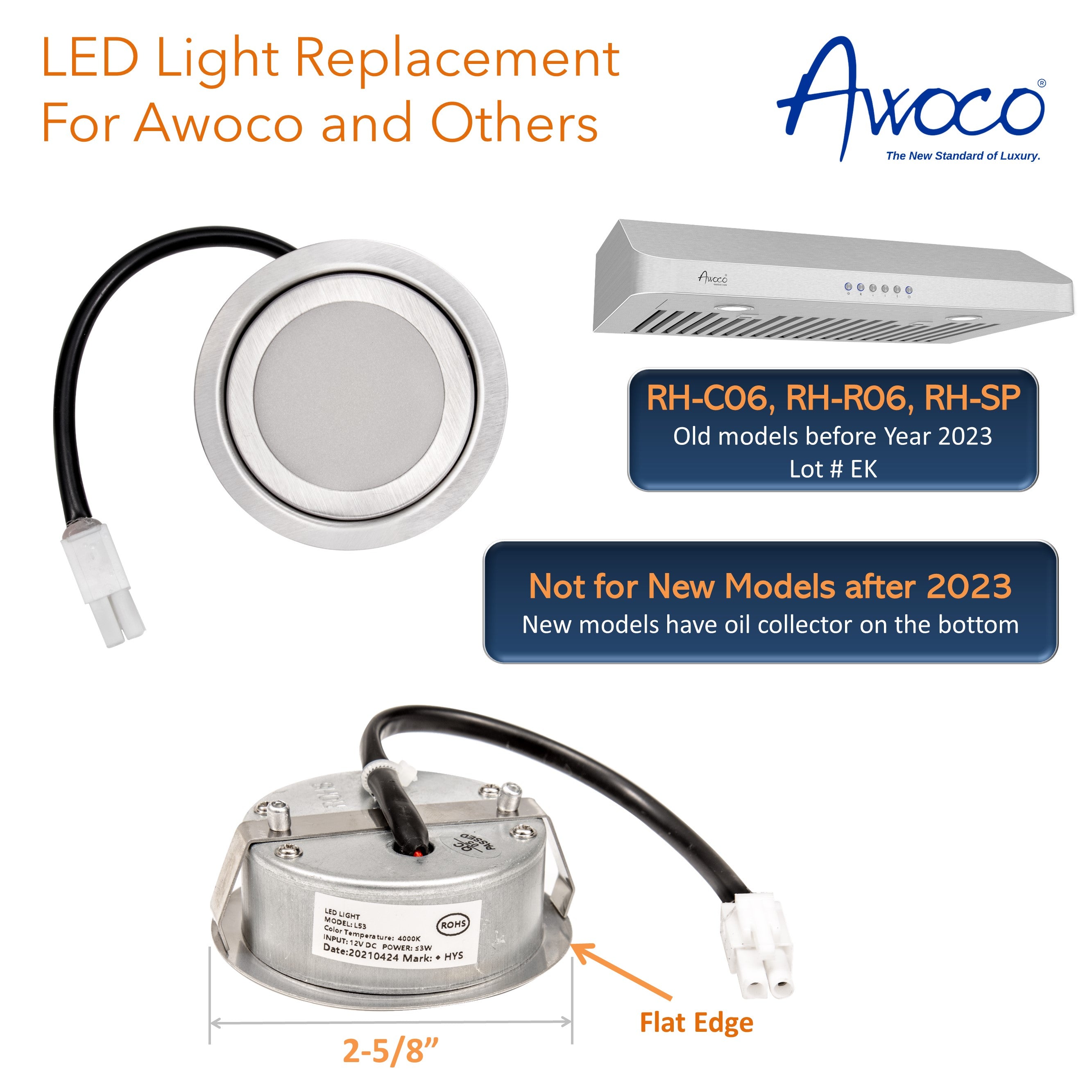 [2-5/8" Flat Edge] Awoco L53 HYS, 2 Pcs of 2-5/8" Cold White 12VDC LED Lights for Awoco RH-C06, RH-R06 and RH-SP06/08 Range Hoods