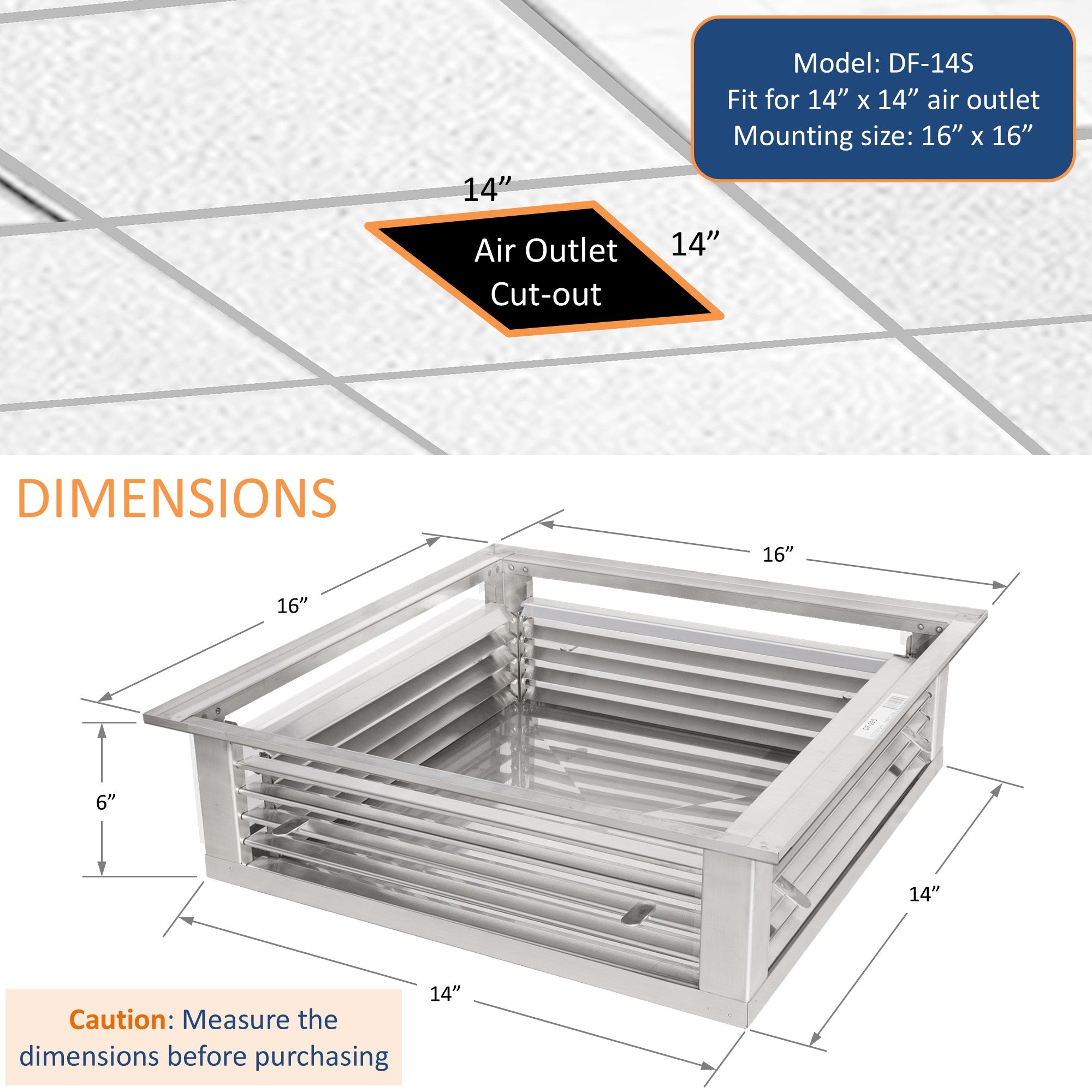 GSW 14” Stainless Steel 4-Way Adjustable Air Diffuser for Evaporative Swamp Cooler, 16” Mounting Edge (14"x14"x6")