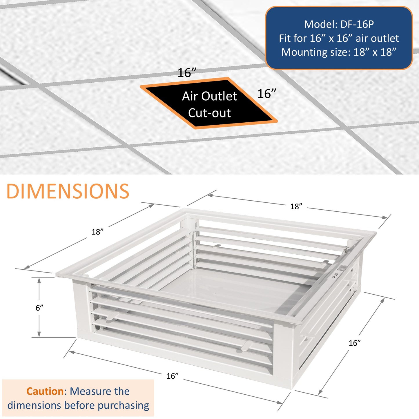 GSW 16” White Powder Coated 4-Way Adjustable Air Diffuser for Evaporative Swamp Cooler, 18” Mounting Edge (16"x16"x6")