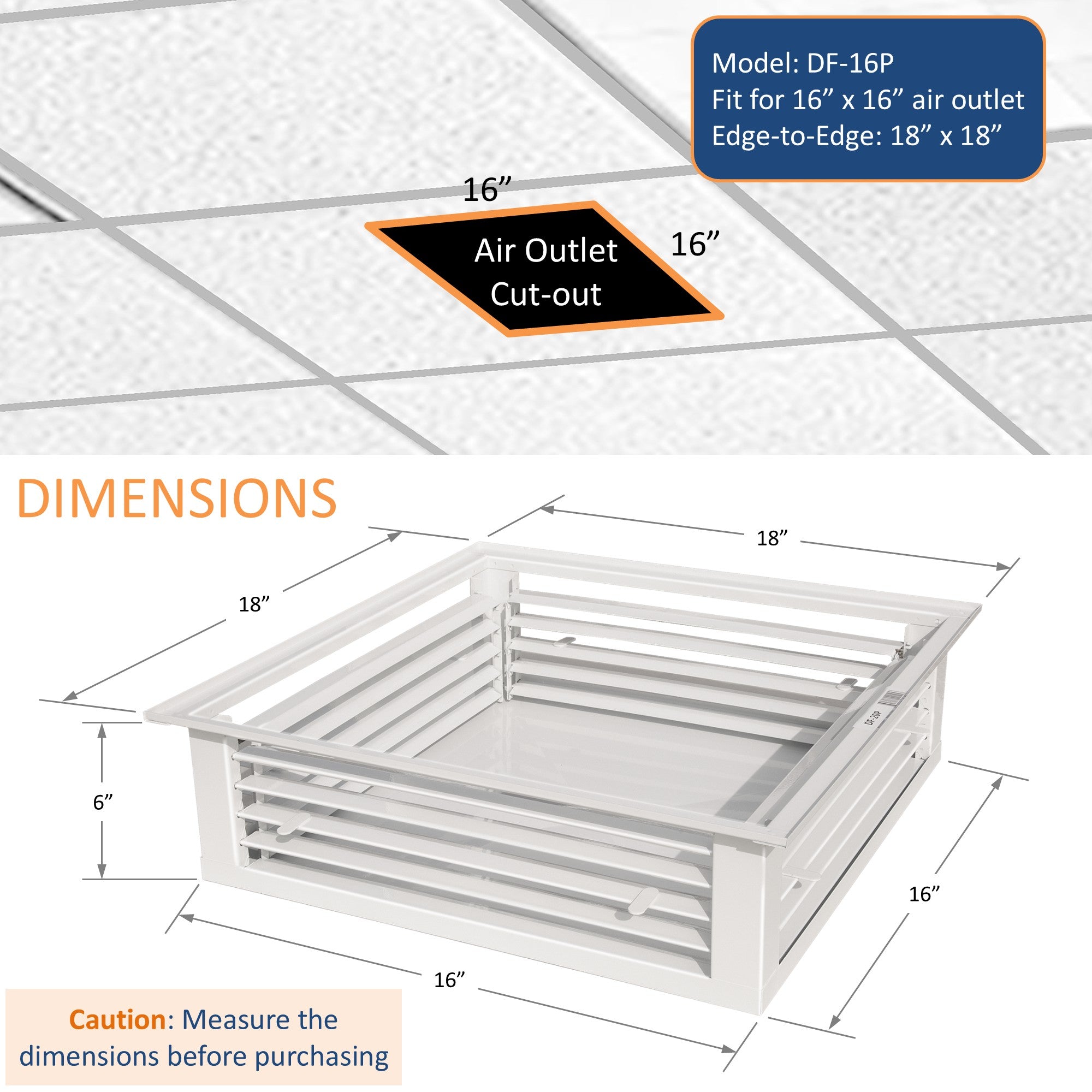 GSW 16” White Powder Coated 4-Way Adjustable Air Diffuser for Evaporative Swamp Cooler, 18” Mounting Edge (16"x16"x6")
