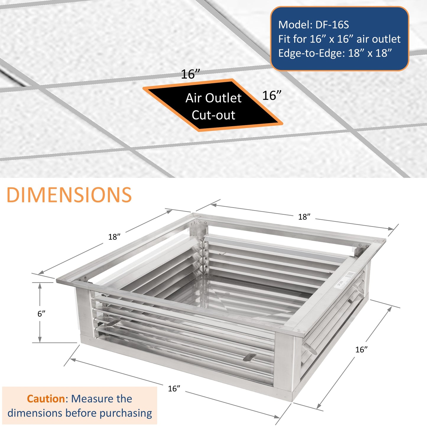 GSW 16” Stainless Steel 4-Way Adjustable Air Diffuser for Evaporative Swamp Cooler, 18” Mounting Edge (16"x16"x6")