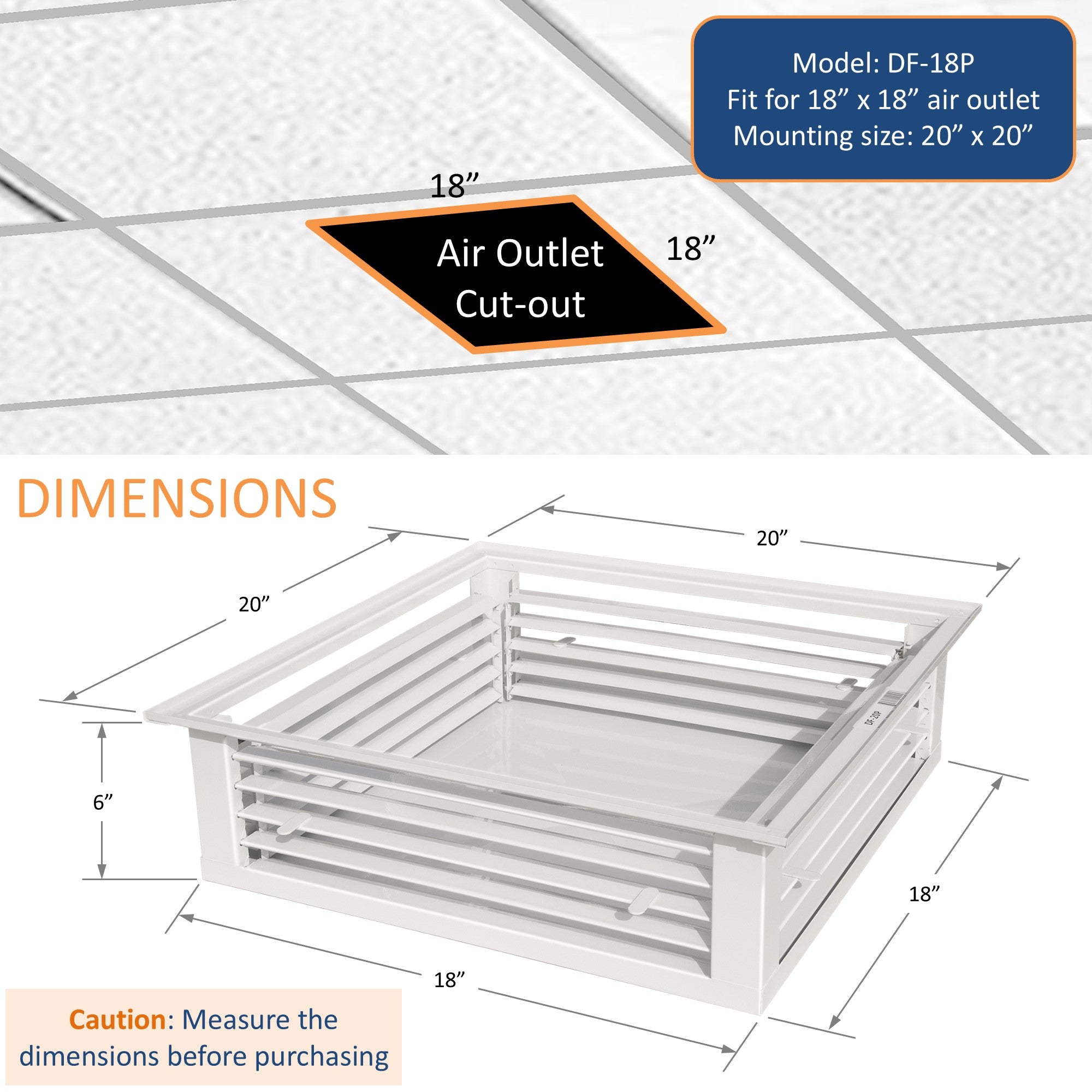 GSW 18” White Powder Coated 4-Way Adjustable Air Diffuser for Evaporative Swamp Cooler, 20” Mounting Edge (18"x18"x6")