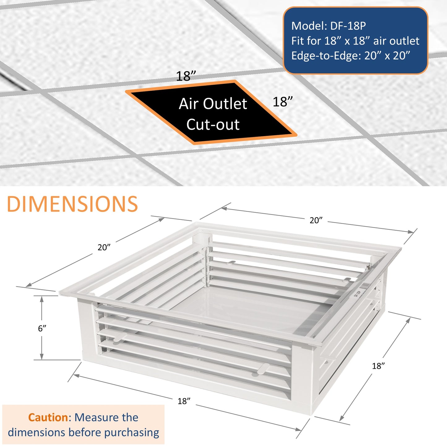 GSW 18” White Powder Coated 4-Way Adjustable Air Diffuser for Evaporative Swamp Cooler, 20” Mounting Edge (18"x18"x6")