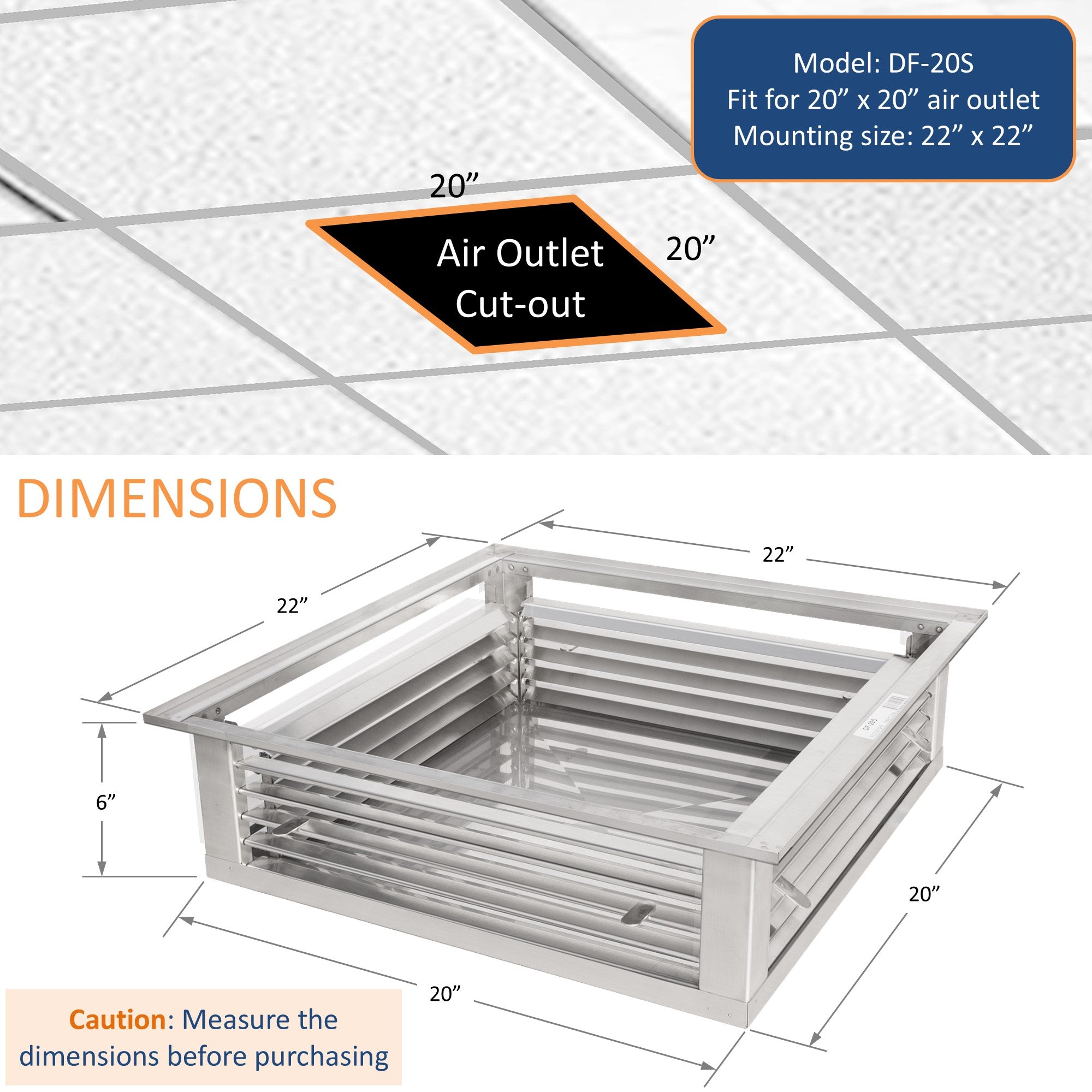 GSW 20” Stainless Steel 4-Way Adjustable Air Diffuser for Evaporative Swamp Cooler, 22” Mounting Edge (20"x20"x6")