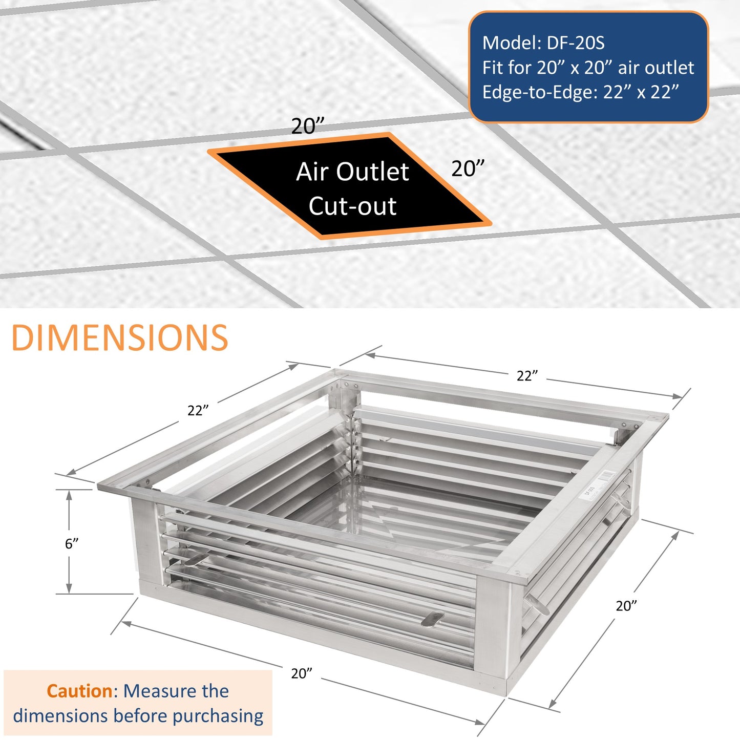 GSW 20” Stainless Steel 4-Way Adjustable Air Diffuser for Evaporative Swamp Cooler, 22” Mounting Edge (20"x20"x6")