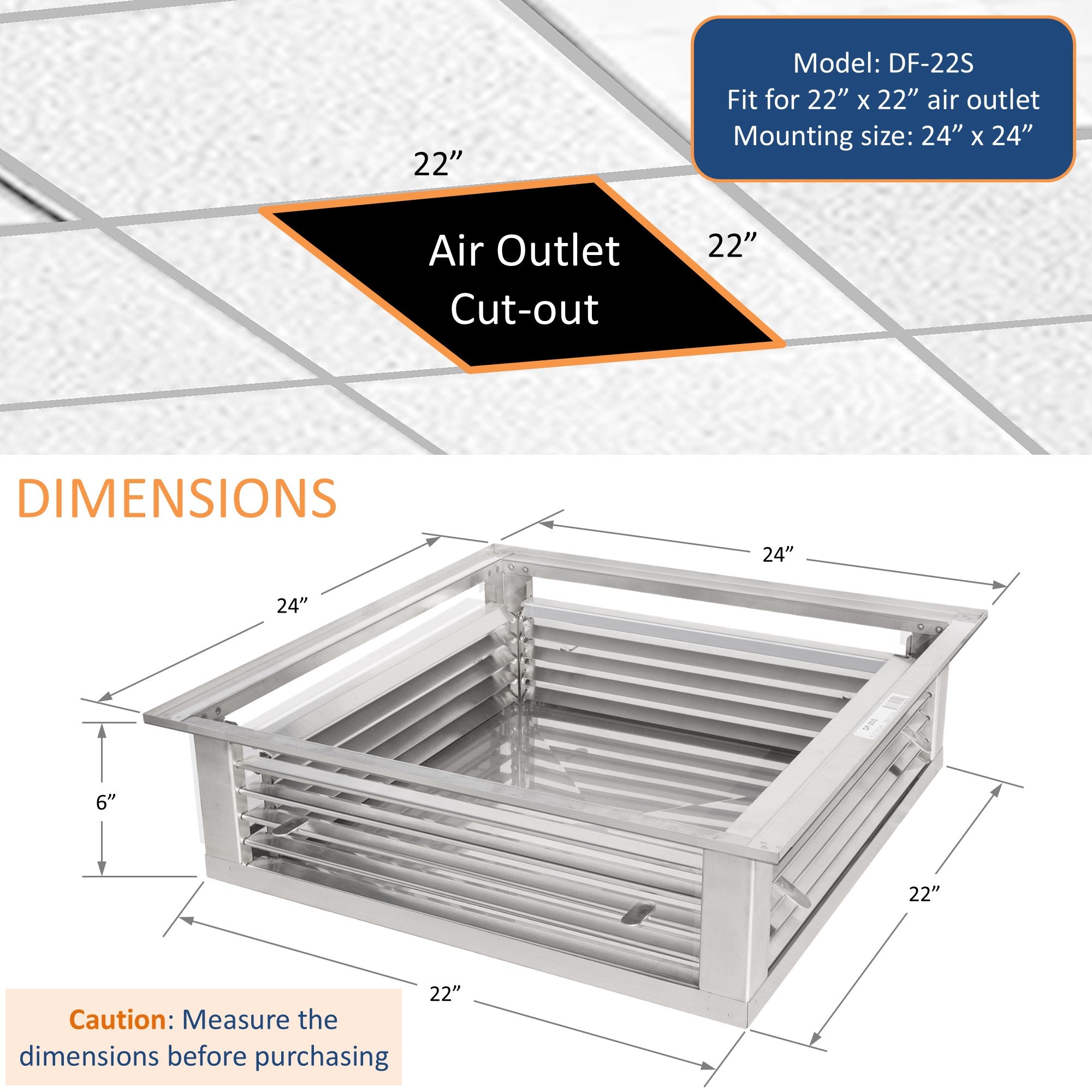 GSW 22” Stainless Steel 4-Way Adjustable Air Diffuser for Evaporative Swamp Cooler, 24” Mounting Edge (22"x22"x6")