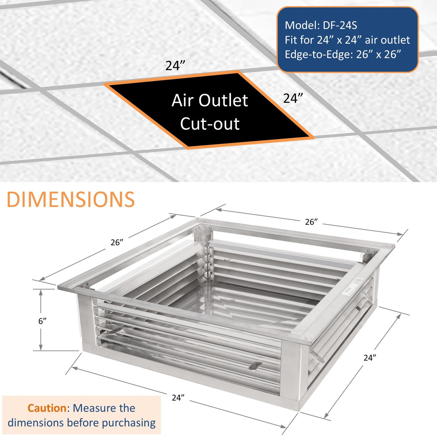 GSW 24” Stainless Steel 4-Way Adjustable Air Diffuser for Evaporative Swamp Cooler, 26” Mounting Edge (24"x24"x6")
