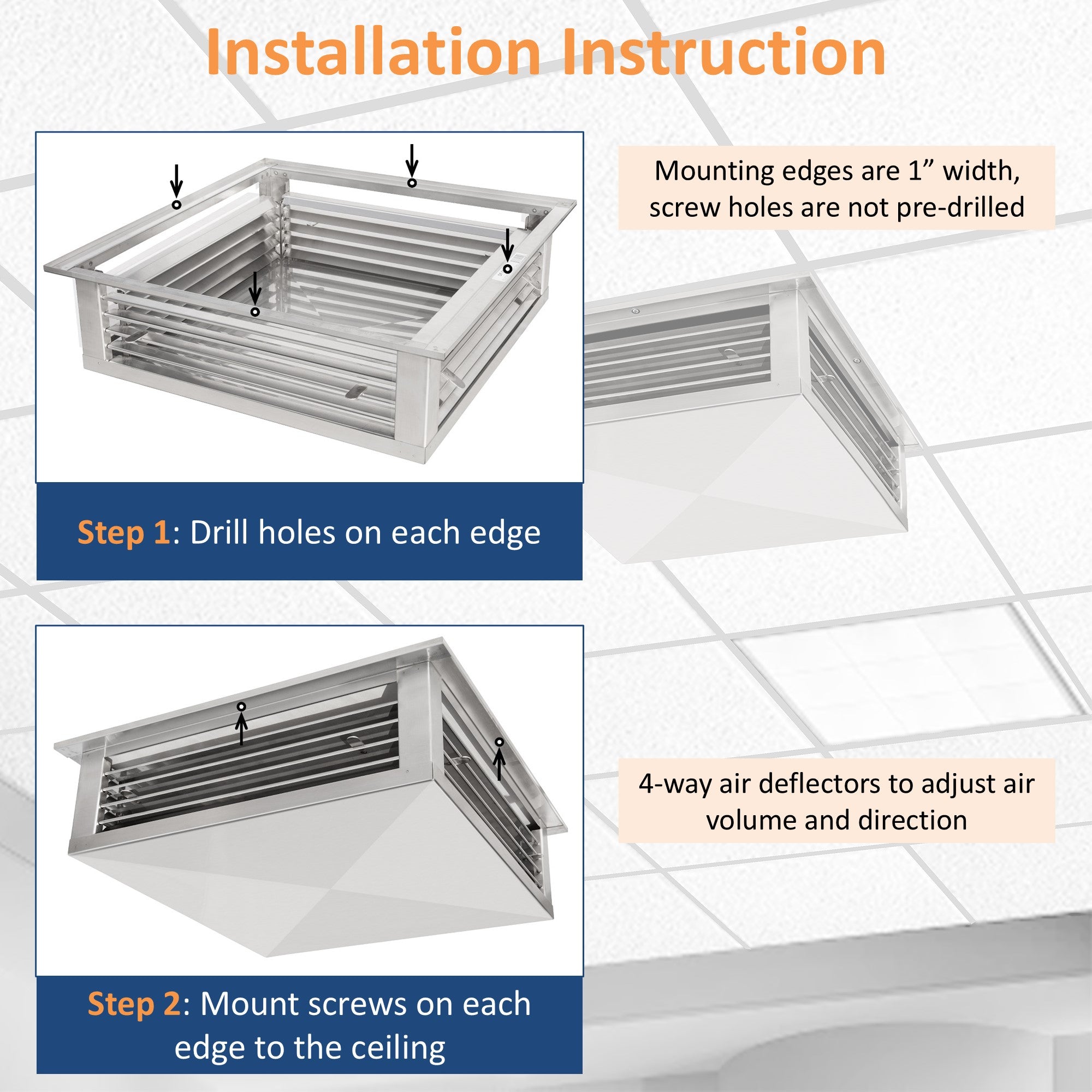 GSW 14” Stainless Steel 4-Way Adjustable Air Diffuser for Evaporative Swamp Cooler, 16” Mounting Edge (14"x14"x6")