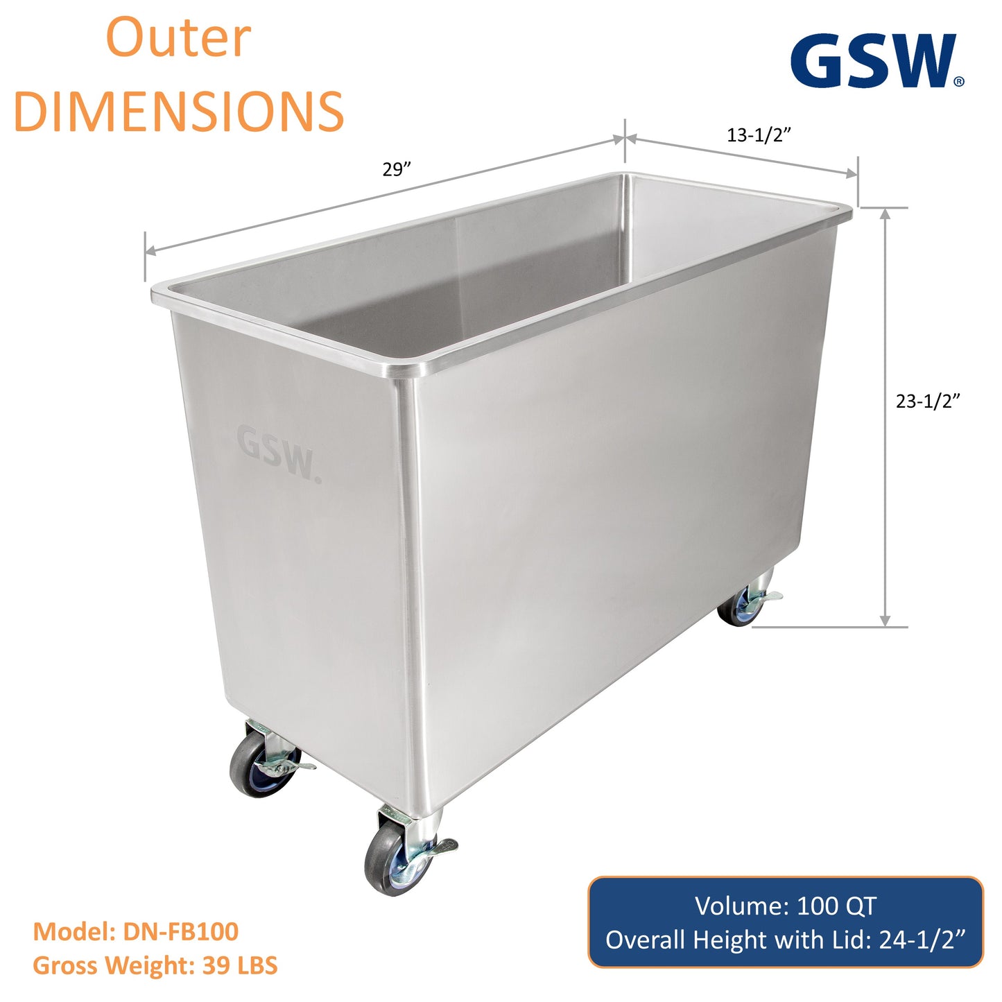 GSW DN-FB100 Commercial Stainless Steel Flour Bin with 2 Sliding Lids Storage Container (100 QT)