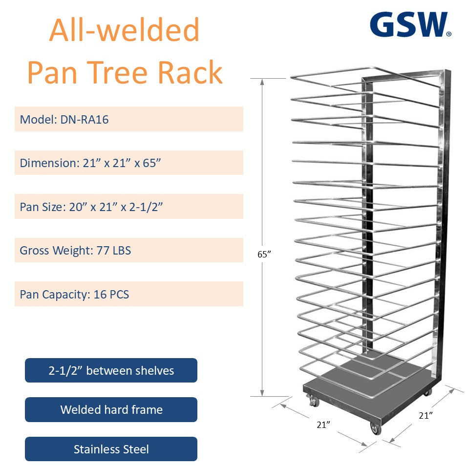 GSW DN-RA16 All Welded Stainless Steel Pan Tree Rack Storage, Welded Hard Frame, holds 16 Pans with 2-1/2” Between Shelves, 21” x 21” x 65”