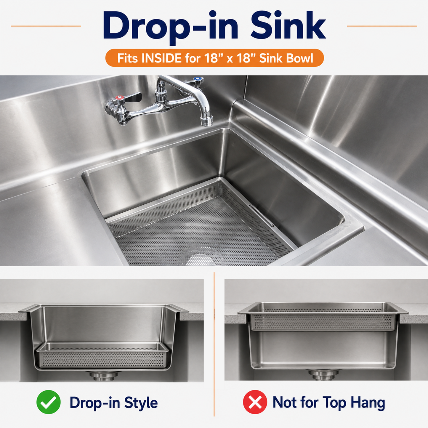 GSW 18 x 18 in Stainless Steel Drop-In Compartment Sink Drain Basket - ETL Certified