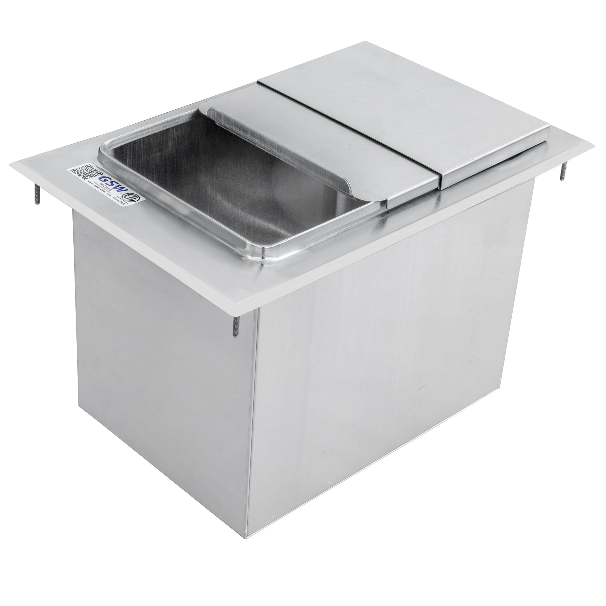 GSW IB1218 Stainless Steel Drop-In Ice Bin 18”D x 12”W x 14”H with Removable Sliding Cover, 9” x 14” Double Walled Ice Bin with 1” NPT Drain, for Storing Ice Cold Wine Beer