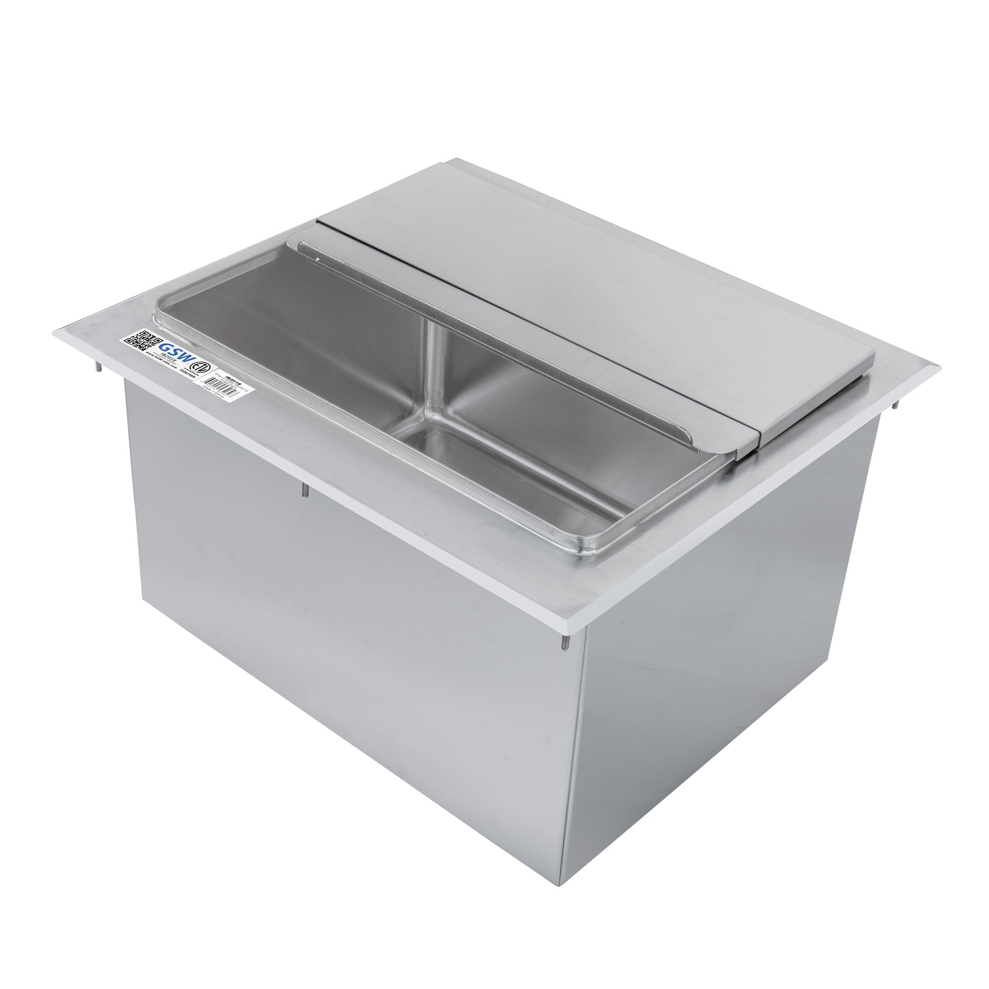 GSW IB2018 Stainless Steel Drop-In Ice Bin 18”D x 20”W x 14”H with Removable Sliding Cover, 9” x 14” Double Walled Ice Bin with 1” NPT Drain, for Storing Ice Cold Wine Beer