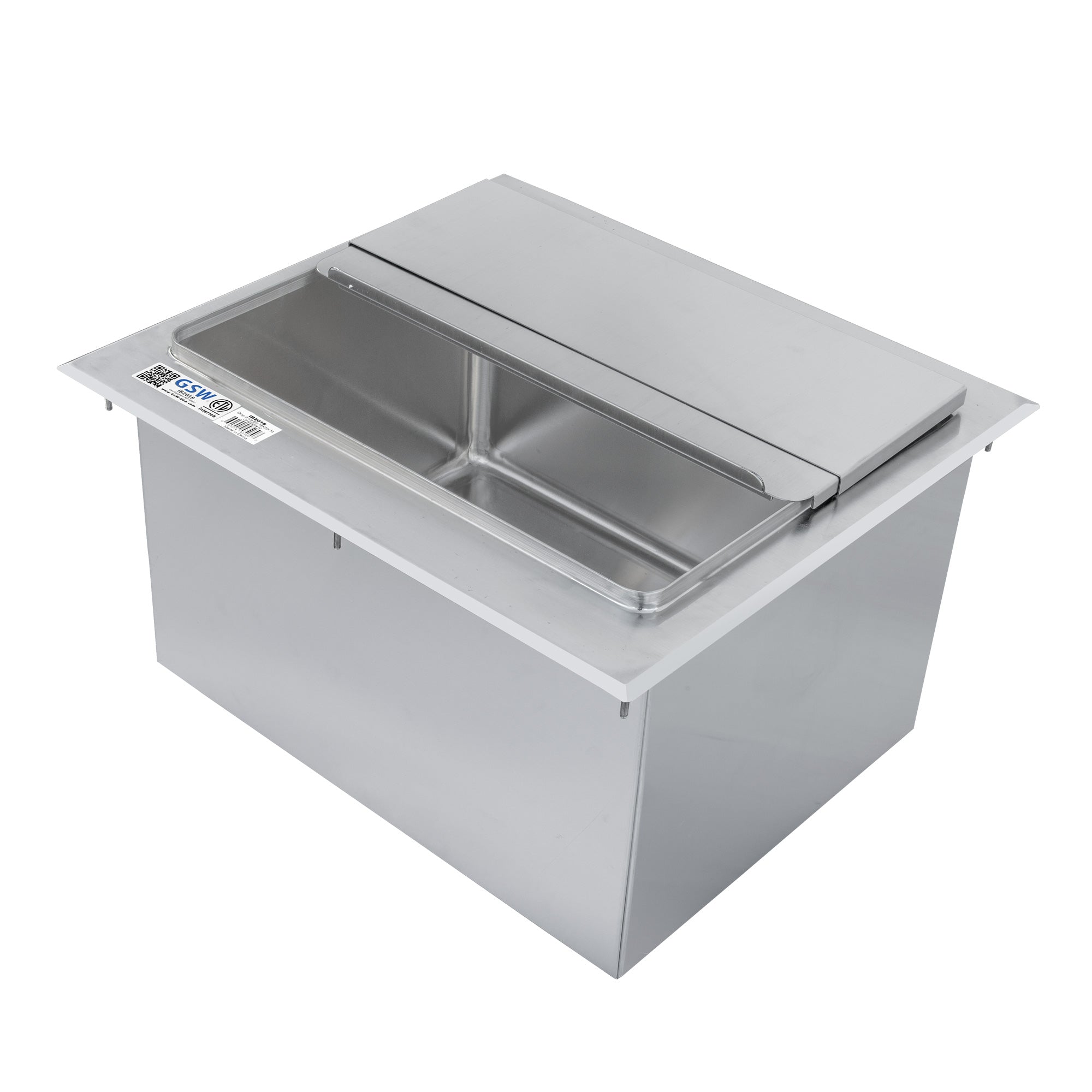 GSW IB3618 Stainless Steel Drop-In Ice Bin 18”D x 36”W x 14”H with Removable Sliding Cover, 9” x 14” Double Walled Ice Bin with 1” NPT Drain, for Storing Ice Cold Wine Beer