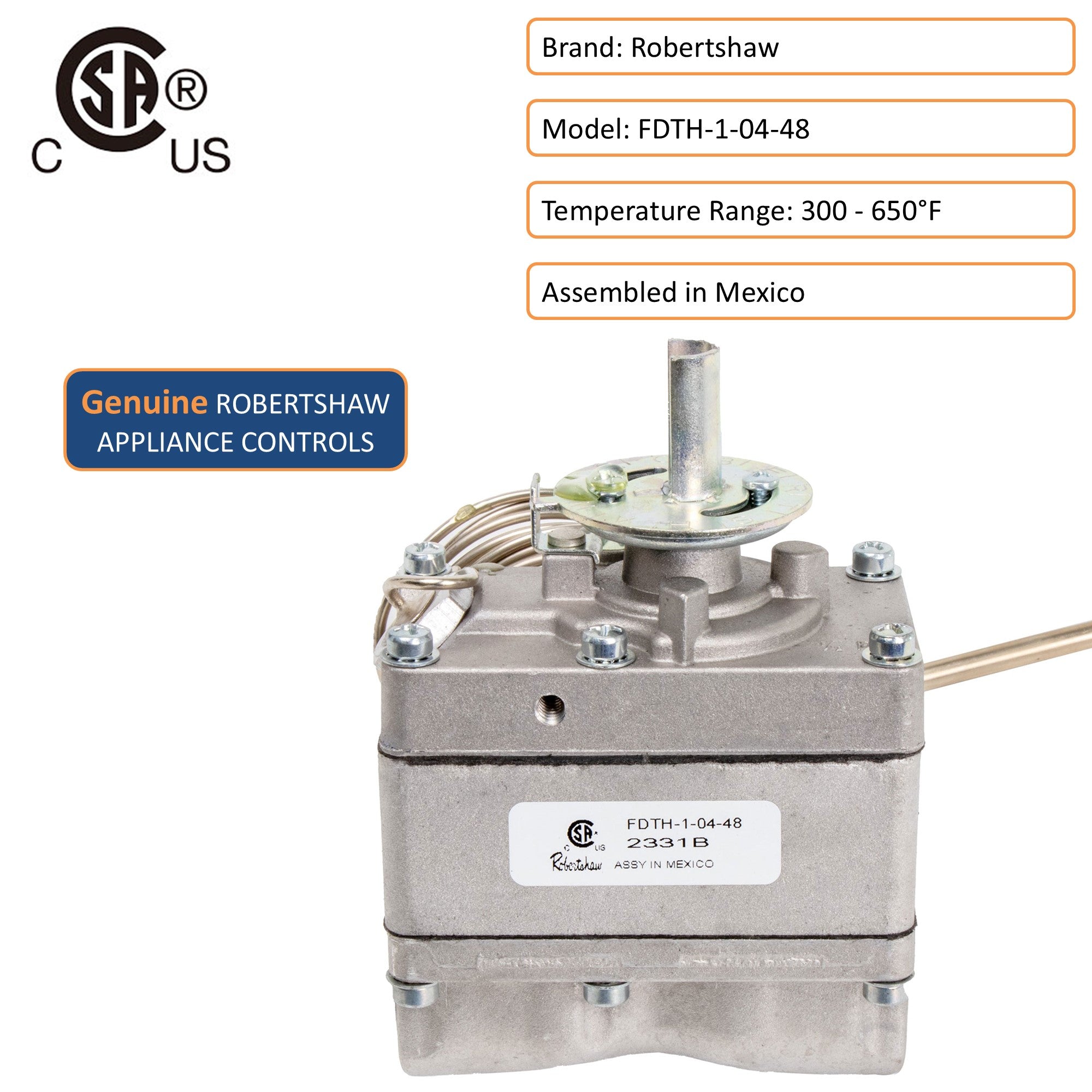 Robertshaw FDTH-1-04-48 Gas Oven Thermostat for 46-1076 Baker Pride M1005X Lincoln 369006, 48" Capillary