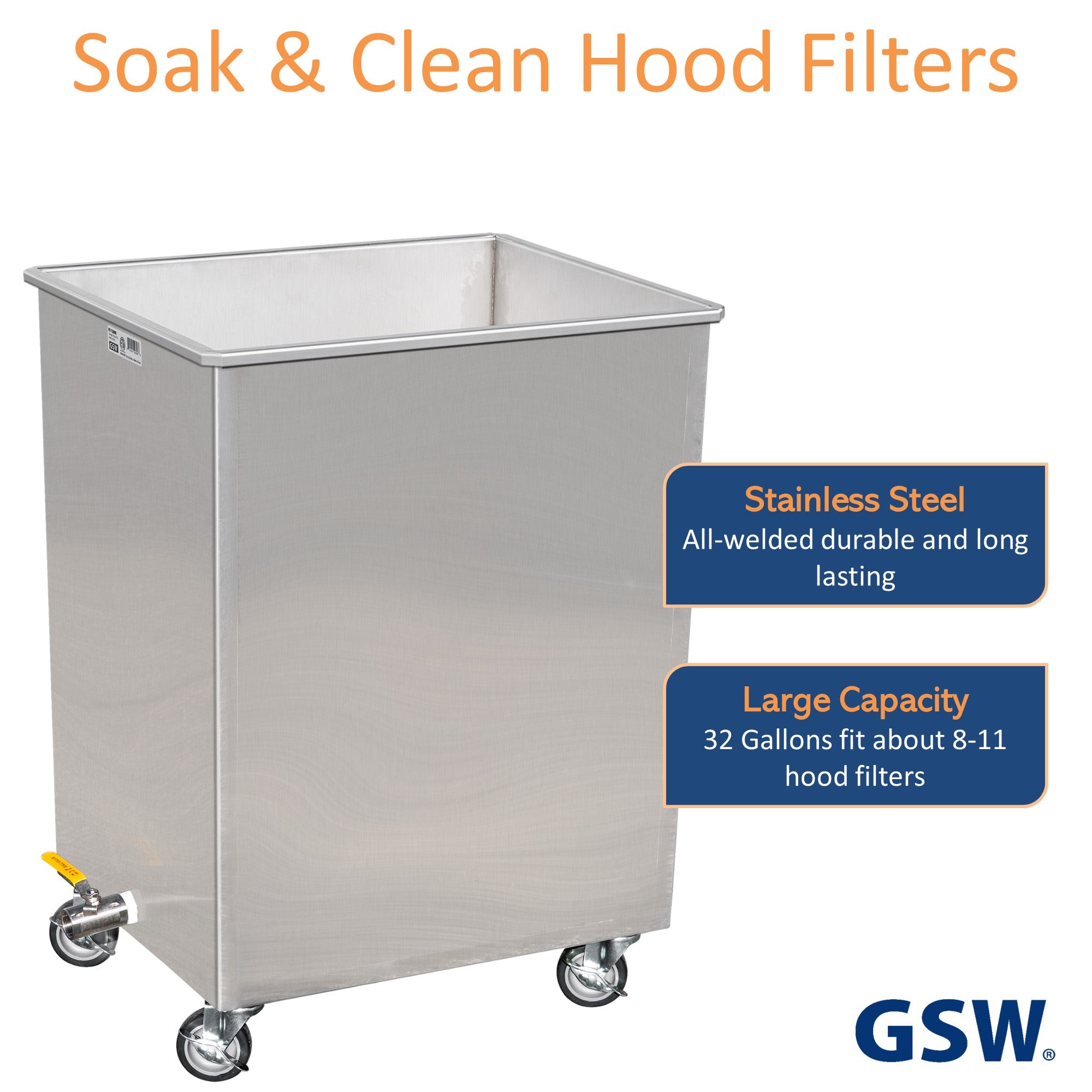 GSW FF-TANK 23" x 19" All Welded Stainless Steel Restaurant Soak Clean Grease Hood Filter Tank with Lid