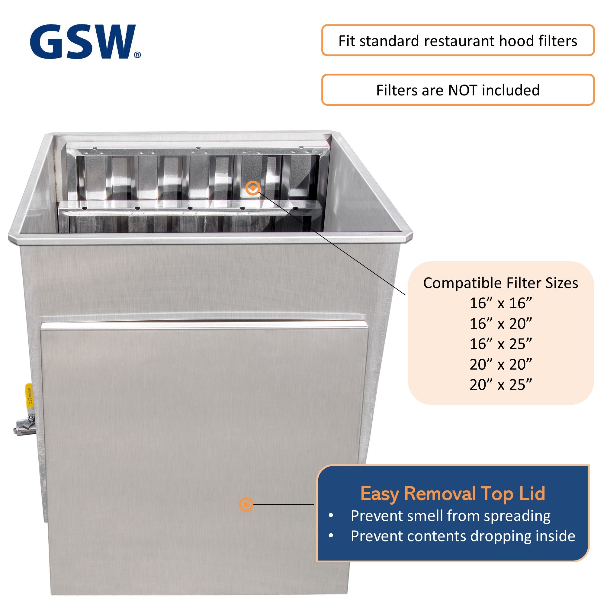 GSW FF-TANK 23" x 19" All Welded Stainless Steel Restaurant Soak Clean Grease Hood Filter Tank with Lid