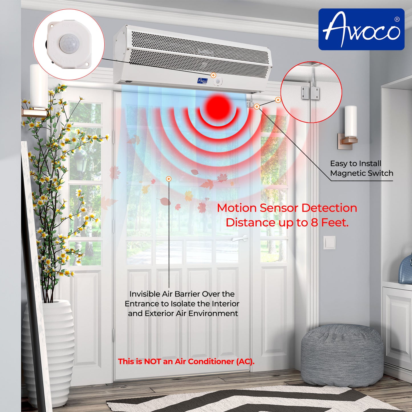 Awoco 48” Early Turn On Super Power 2 Speeds 1650 CFM Commercial Indoor Air Curtain, UL Certified, 120V Unheated with Magnetic Switch and Motion Sensor Detection