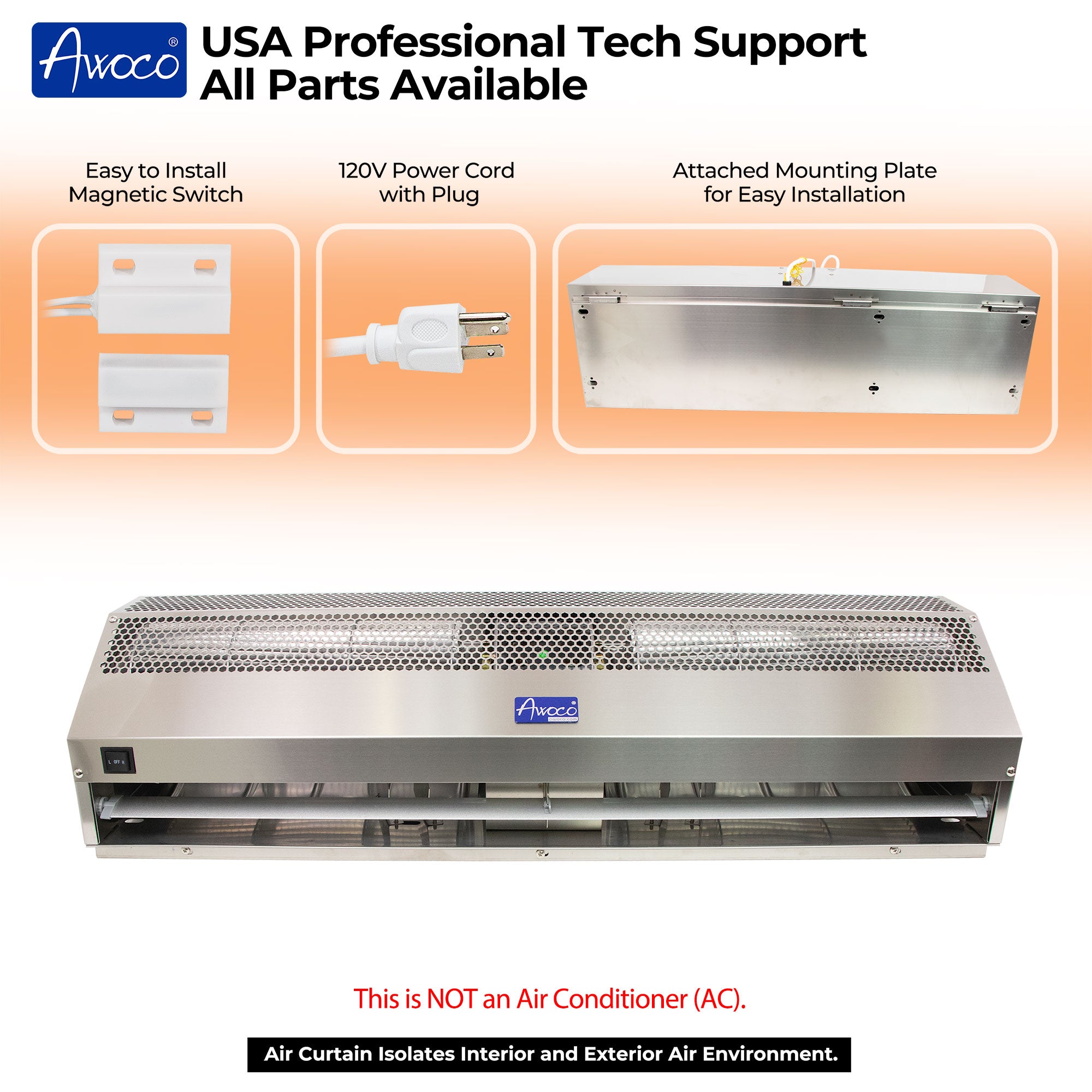 Awoco Stainless Steel Super Power 2 Speeds Commercial Indoor Air Curtain, 120V Unheated with an Easy-Install Magnetic Door Switch