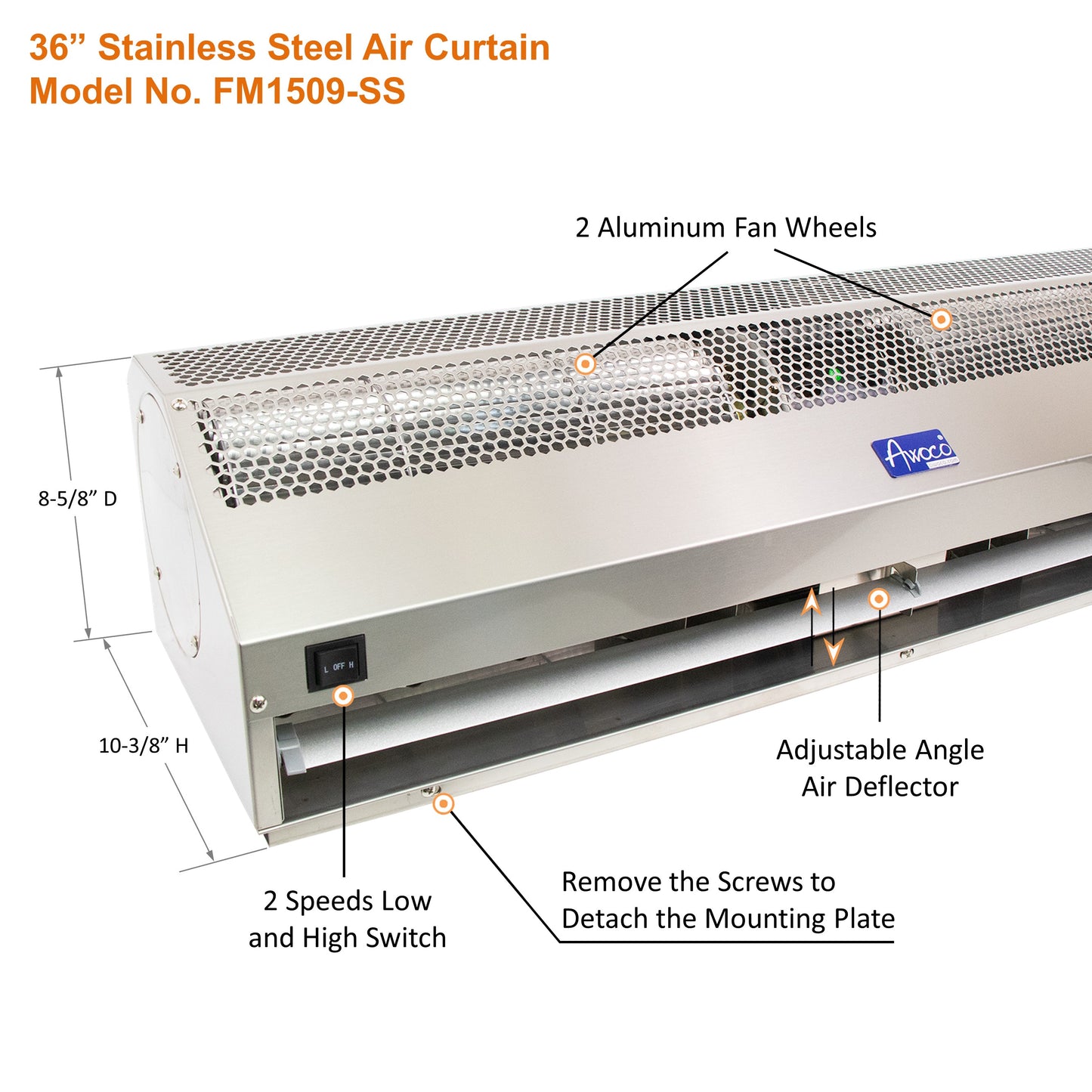 Awoco Stainless Steel Super Power 2 Speeds Commercial Indoor Air Curtain, 120V Unheated with an Easy-Install Magnetic Door Switch