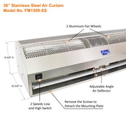 Awoco Stainless Steel Super Power 2 Speeds Commercial Indoor Air Curtain, 120V Unheated with an Easy-Install Magnetic Door Switch