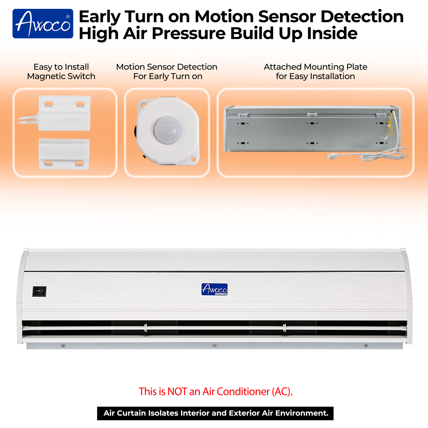 Awoco 36" Early Turn On Elegant 2 Speeds 900 CFM Air Curtain, UL Certified, 120V Unheated with Magnetic Switch & Motion Sensor Detection
