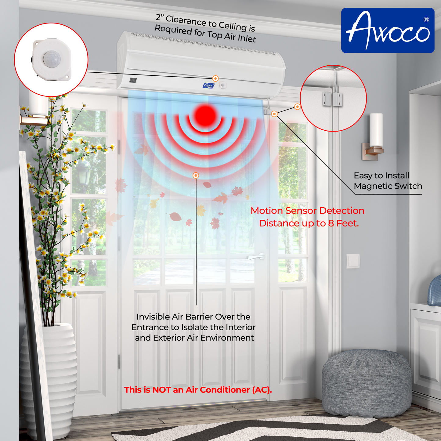Awoco 42" Early Turn On Elegant 2 Speeds 1000 CFM Air Curtain, UL Certified, 120V Unheated with Magnetic Switch & Motion Sensor Detection