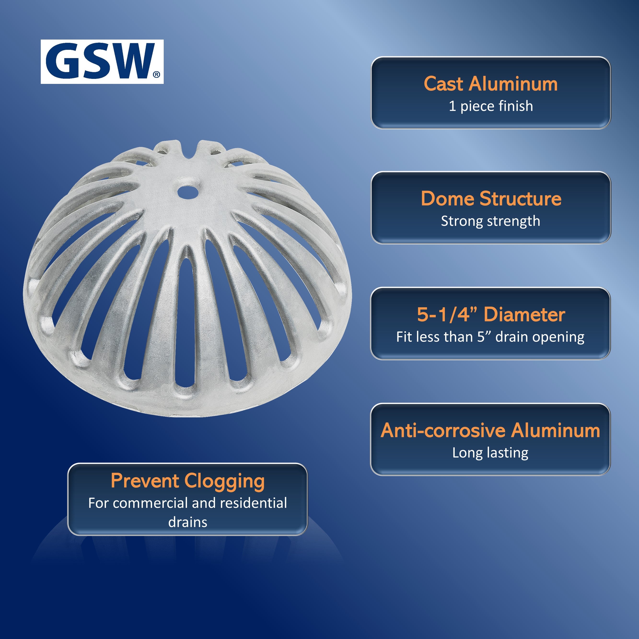 GSW FS-DS Aluminum Dome Strainer for 12" Floor Sink. 5-1/4" Diameter