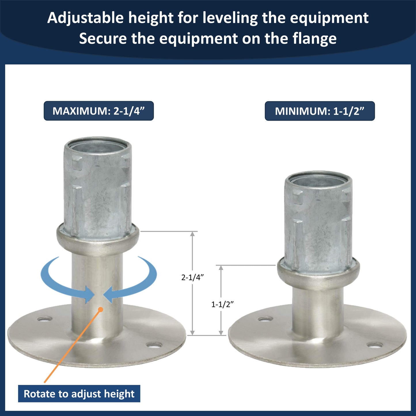 Leyso FT-SP3 Set of 4 Stainless Steel Flanged Feet 1” Adjustable w/ 3-½” Diameter Flange for Stainless Steel 1-⅝” O.D. Tubing (Flanged Foot)