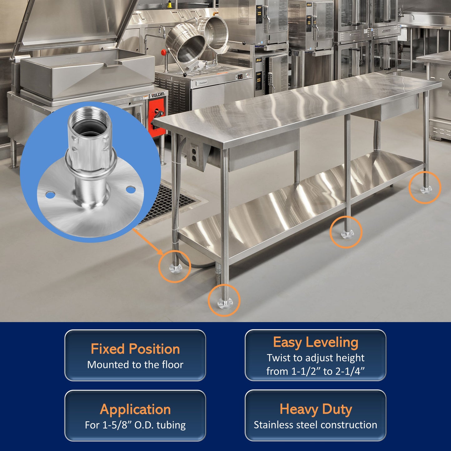 Leyso FT-SP3 Set of 4 Stainless Steel Flanged Feet 1” Adjustable w/ 3-½” Diameter Flange for Stainless Steel 1-⅝” O.D. Tubing (Flanged Foot)