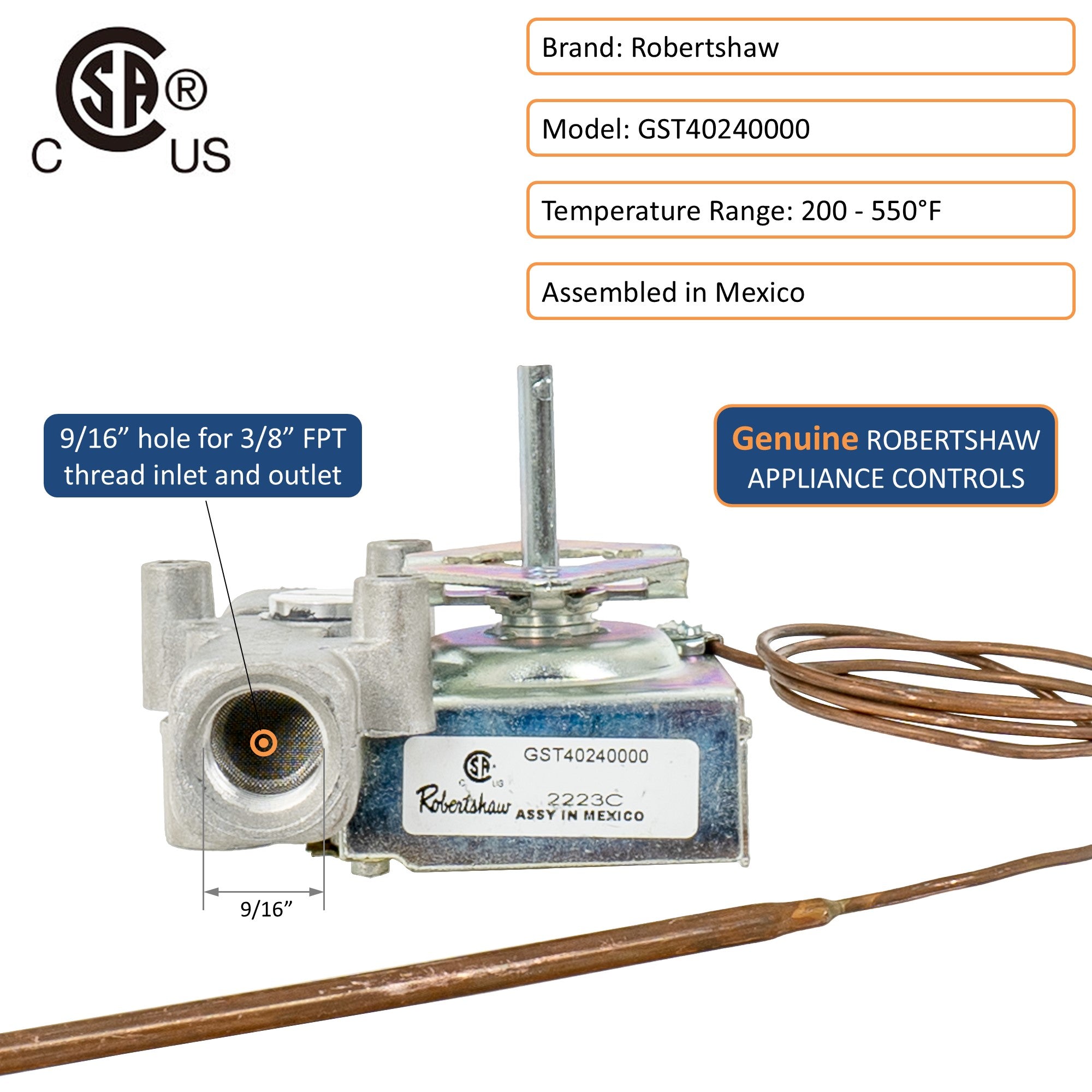 Robertshaw GST40240000 Gas Oven Thermostat, 3/8” FPT Thread, Temp 220 - 550 °F, 36" Capillary Length