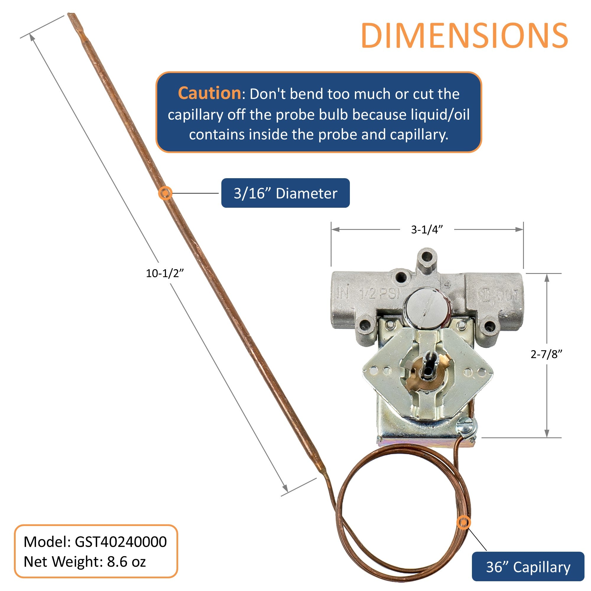 Robertshaw GST40240000 Gas Oven Thermostat, 3/8” FPT Thread, Temp 220 - 550 °F, 36" Capillary Length