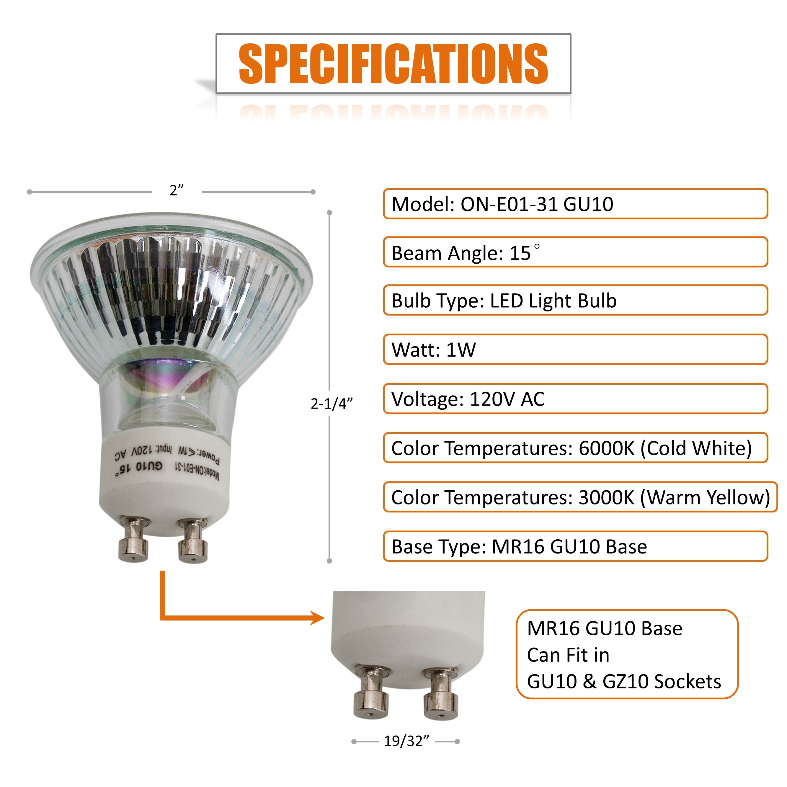 Awoco ON-E01-31, GU10 LED Light Bulbs, 1W, 3000K Warm Yellow, 6000K Daylight Cold White, 120V, MR16 LED Bulb for Kitchen Replacement, Range Hood, Spotlight