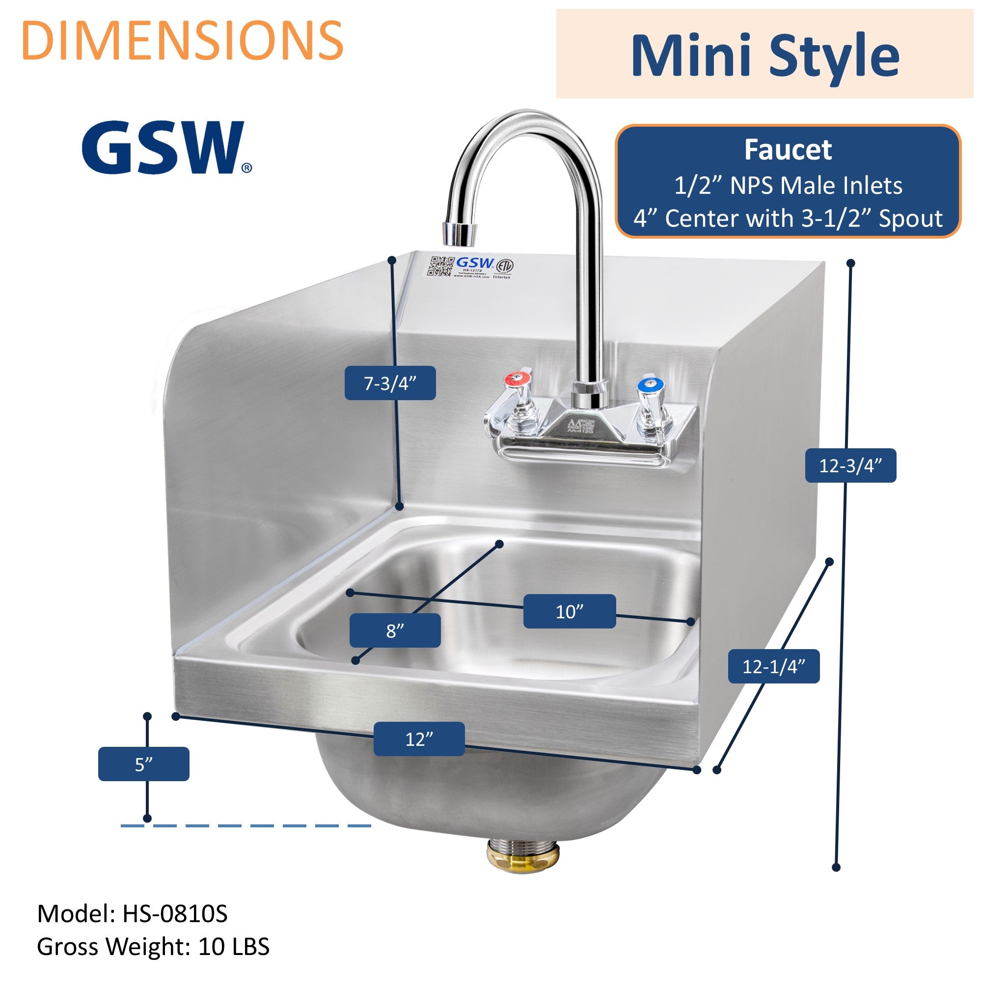 GSW HS-0810S Mini 12" x 12" Commercial Stainless Steel Wall Mount Hand Sink with Gooseneck Faucet and Side Splashguards for Restaurants, Kitchens, Garages, Bars