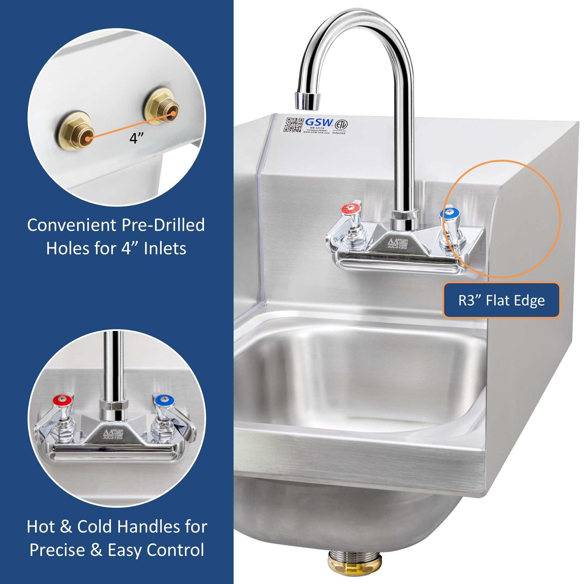 GSW HS-0810S Mini 12" x 12" Commercial Stainless Steel Wall Mount Hand Sink with Gooseneck Faucet and Side Splashguards for Restaurants, Kitchens, Garages, Bars